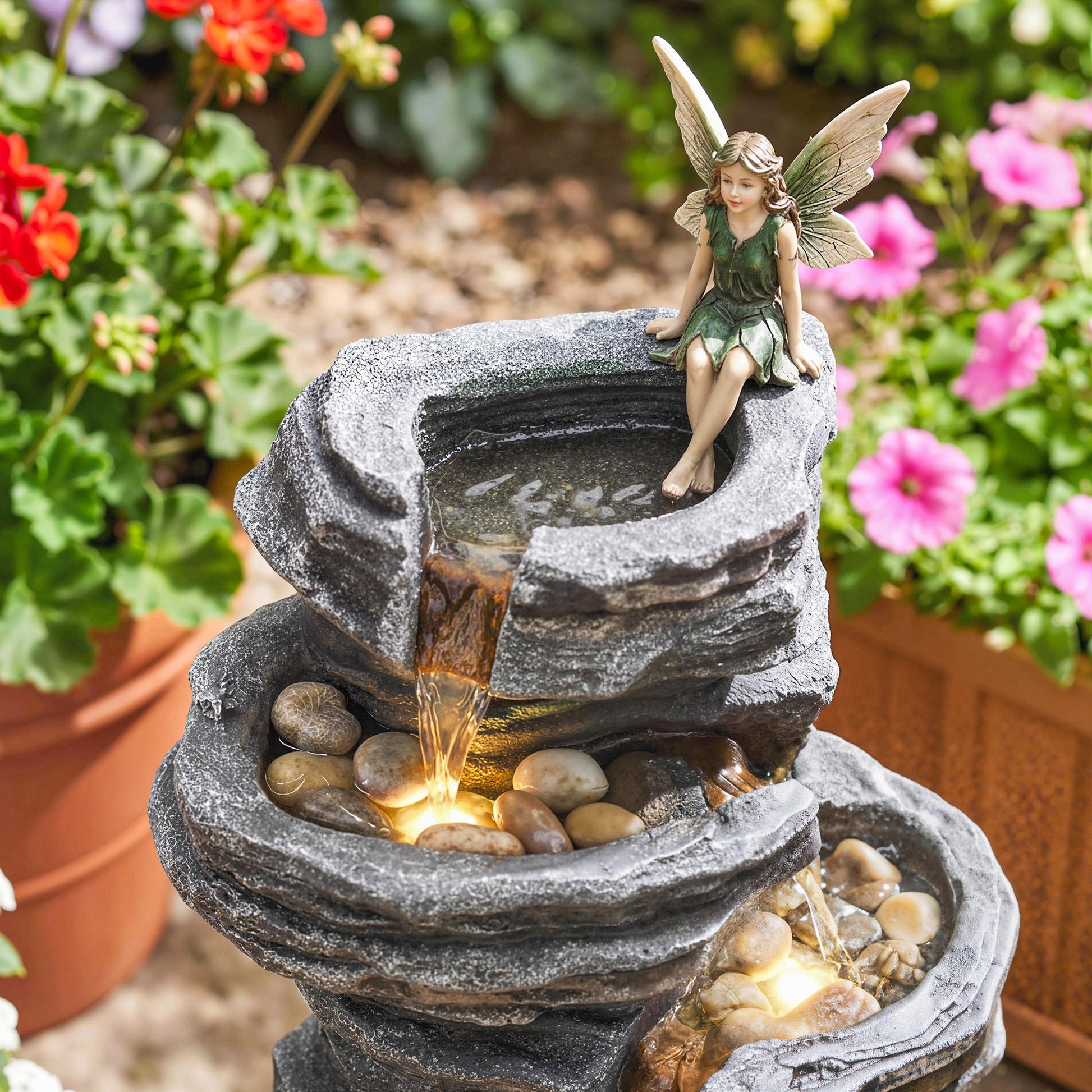 Outdoor Fountain with 6-Tier Rock Design, Cascading Waterfall Feature with LED Lights, Resin Freestanding Garden Fountain for Patio Balcony, Grey