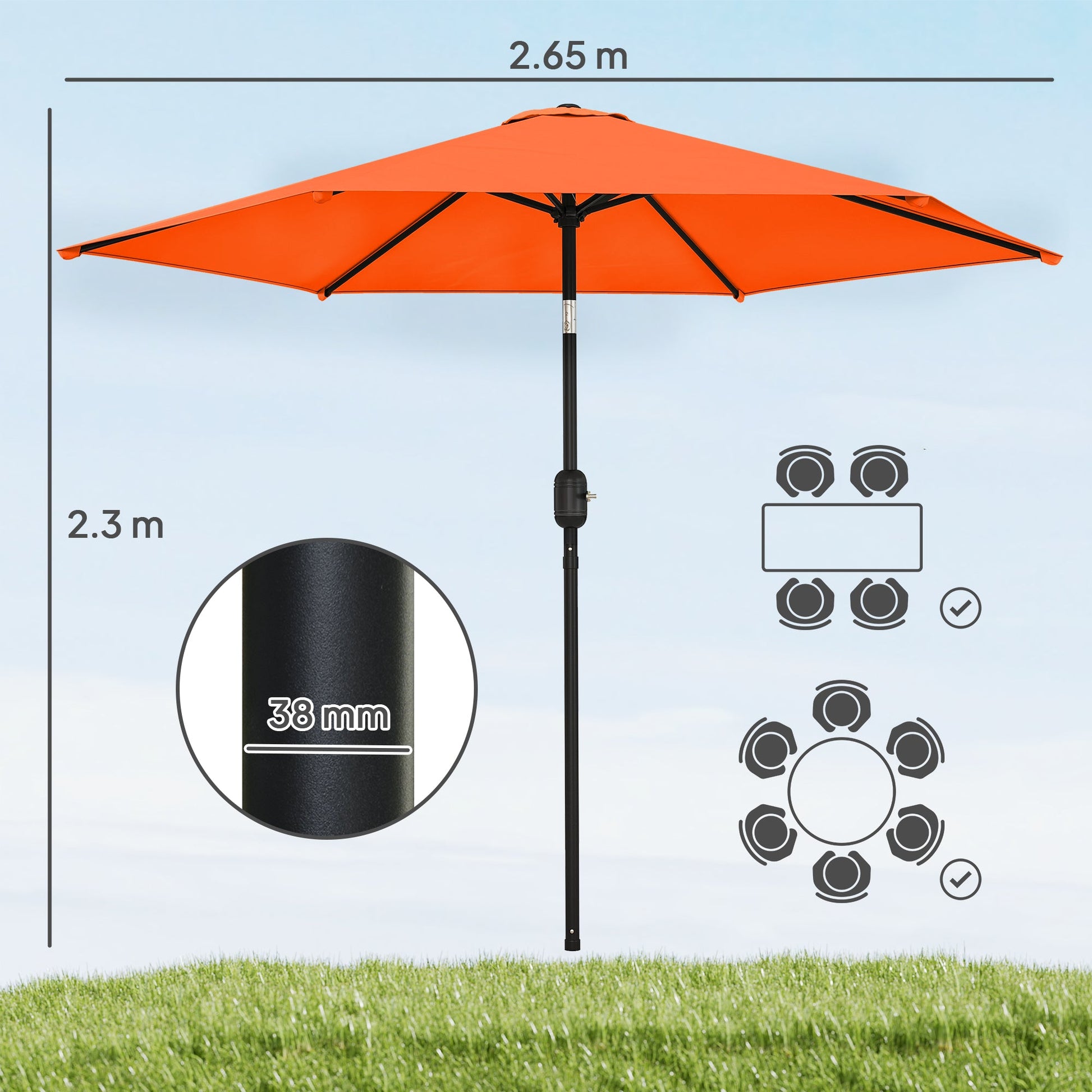 2.6 m Garden Parasol Umbrella with Aluminium Pole, Outdoor Table Market Patio Umbrella Sun Shade with Tilt and Crank, Vent, Orange