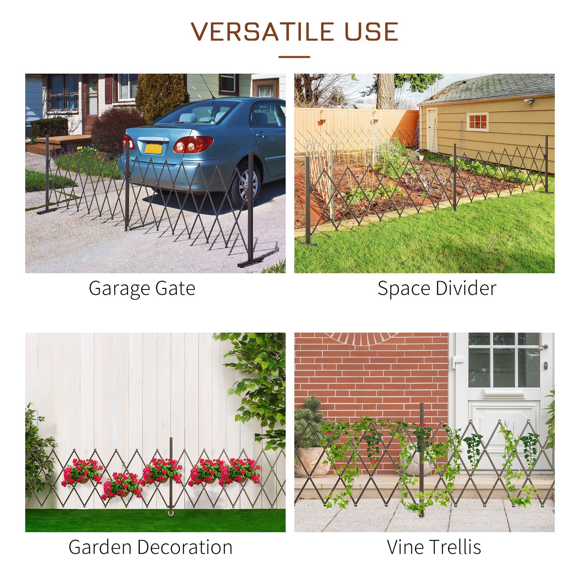 Expanding Fence Panel, Freestanding Aluminium Alloy Trellis Fence with Movable Scissor Grid and Wheel, 52-405cm Foldable Decorative Garden Fence for Patio Pet Safety, Dark Brown