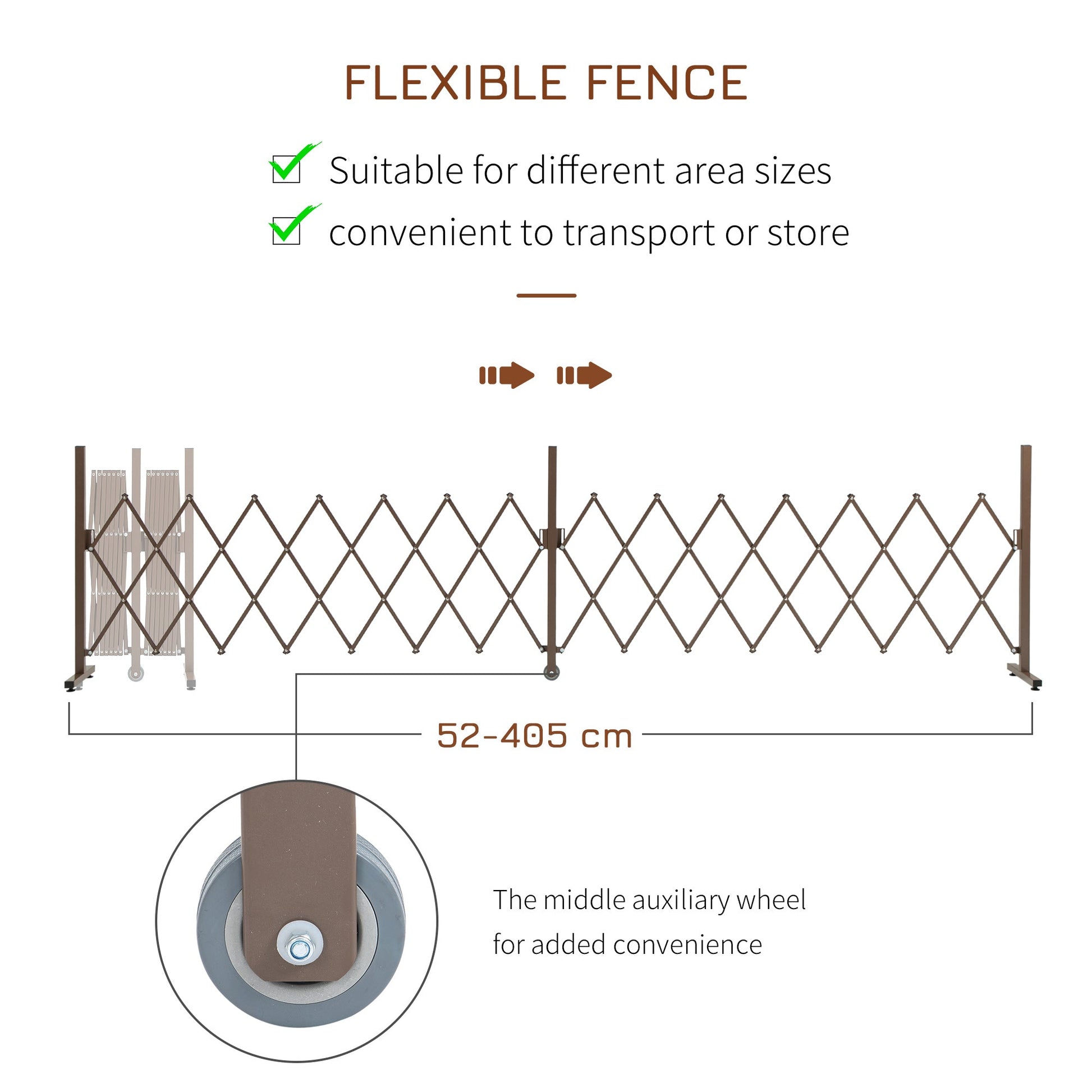 Expanding Fence Panel, Freestanding Aluminium Alloy Trellis Fence with Movable Scissor Grid and Wheel, 52-405cm Foldable Decorative Garden Fence for Patio Pet Safety, Dark Brown