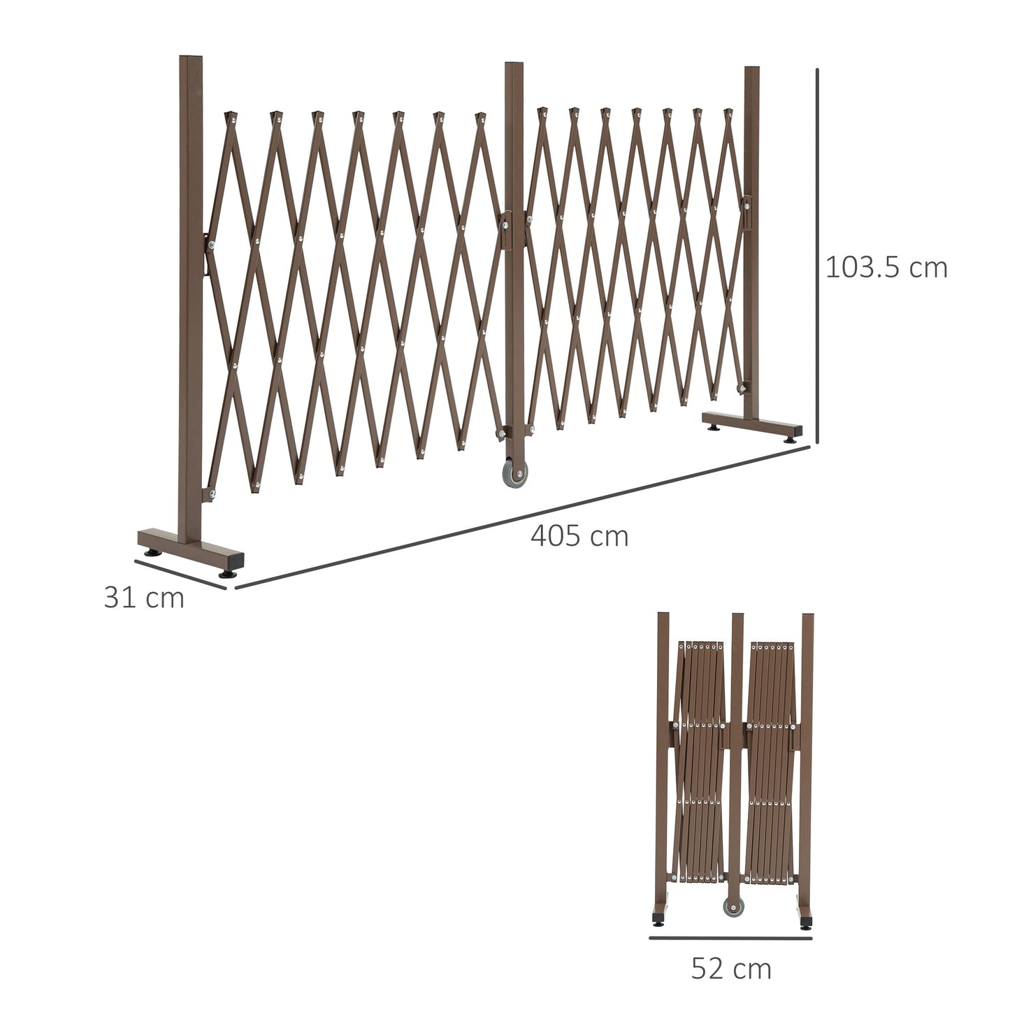 Expanding Fence Panel, Freestanding Aluminium Alloy Trellis Fence with Movable Scissor Grid and Wheel, 52-405cm Foldable Decorative Garden Fence for Patio Pet Safety, Dark Brown