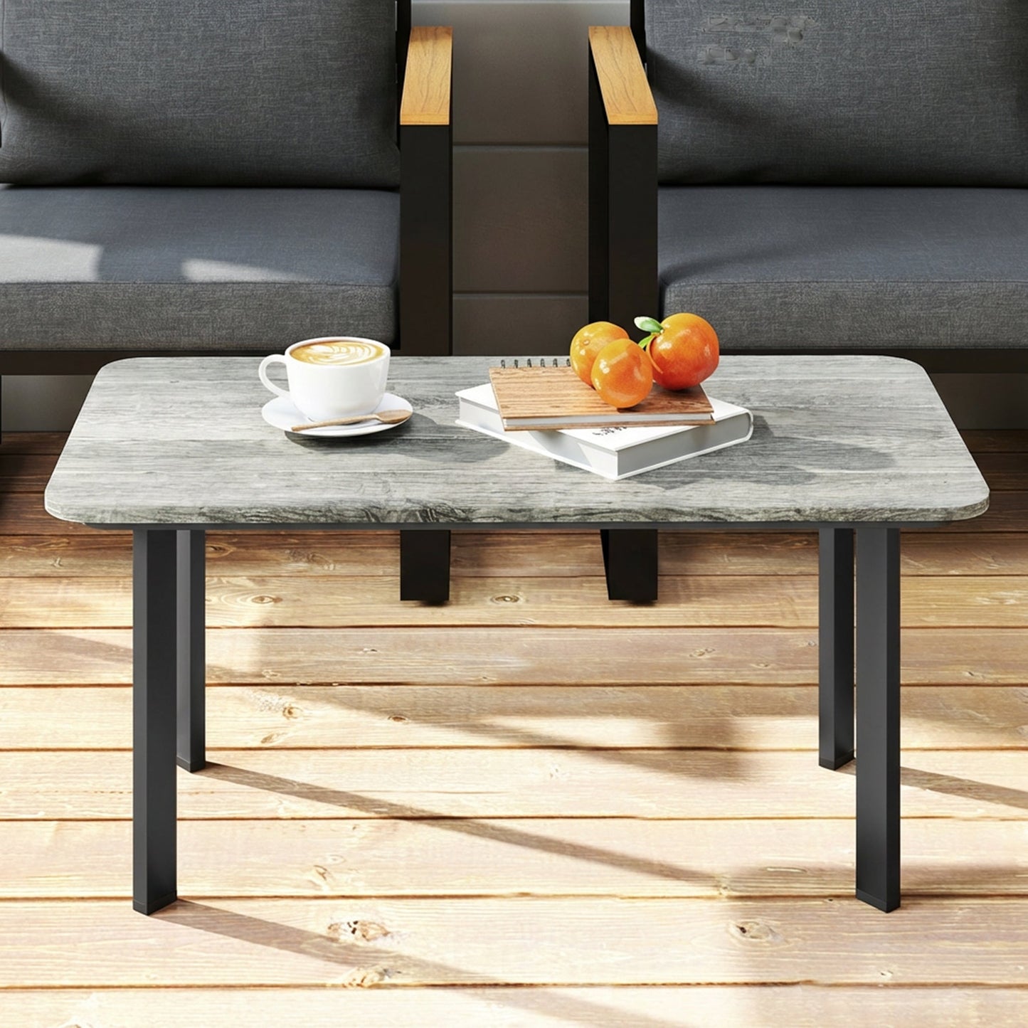 Outdoor Coffee Table, Rectangle Garden Table with Slatted Wood Plastic Composite Top, Metal Frame Garden Tables for Patio, Balcony, Terrace, 90 x 49 x 40 cm, Grey