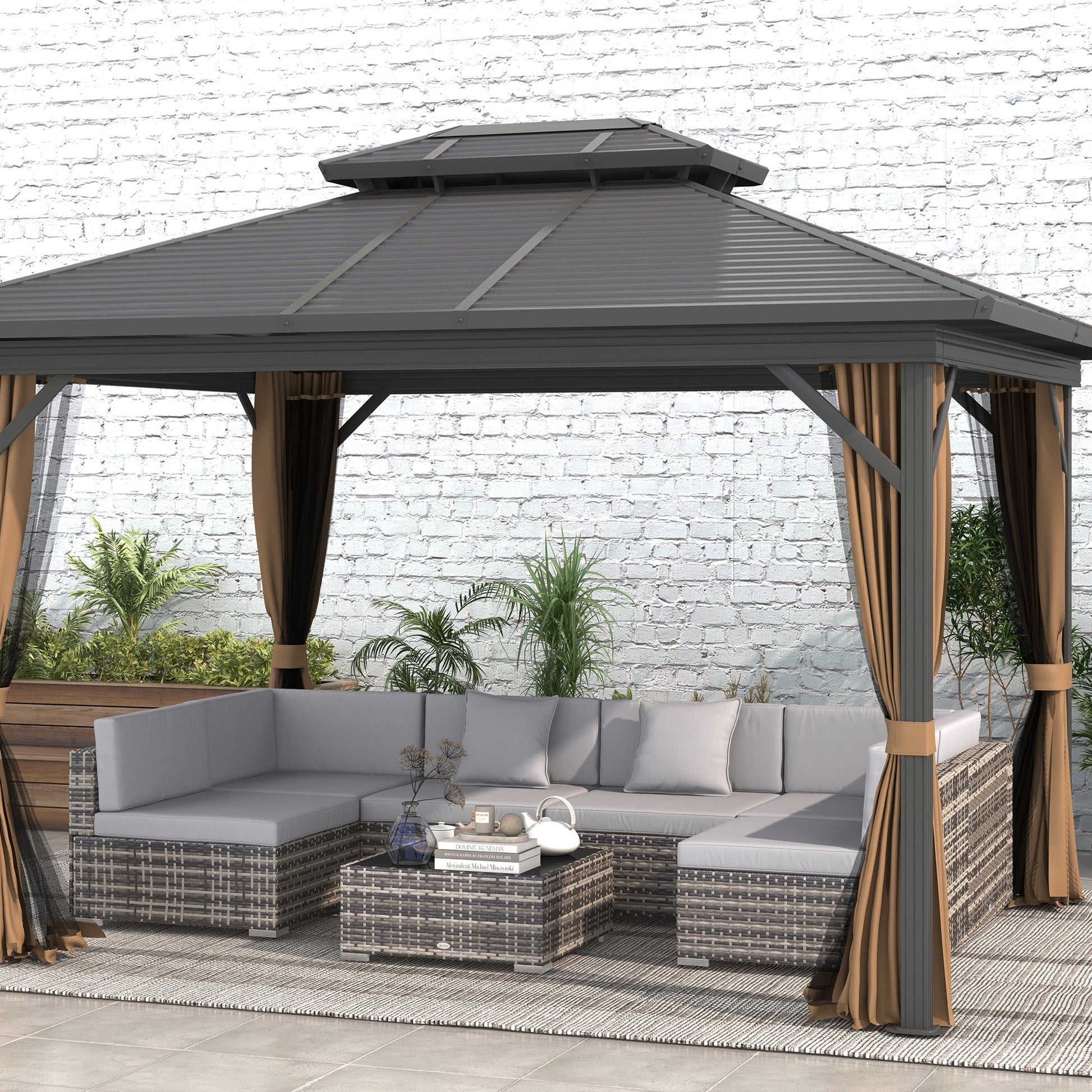 7 Pieces PE Rattan Garden Furniture Set with Thick Padded Cushion, Patio Garden Corner Sofa Sets with Glass Coffee Table and Pillows, Buckle Structure, Grey