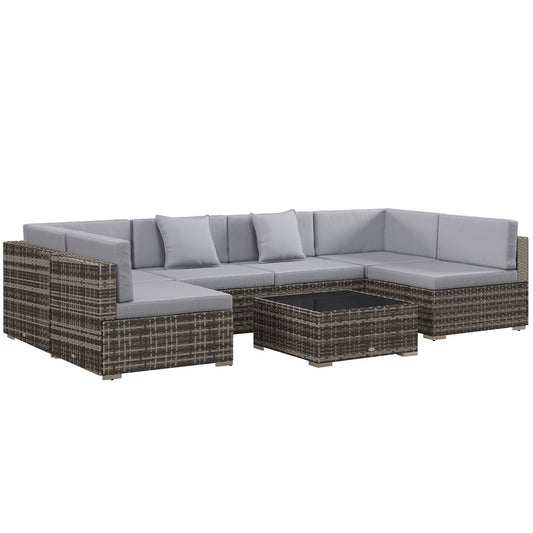 7 Pieces PE Rattan Garden Furniture Set with Thick Padded Cushion, Patio Garden Corner Sofa Sets with Glass Coffee Table and Pillows, Buckle Structure, Grey