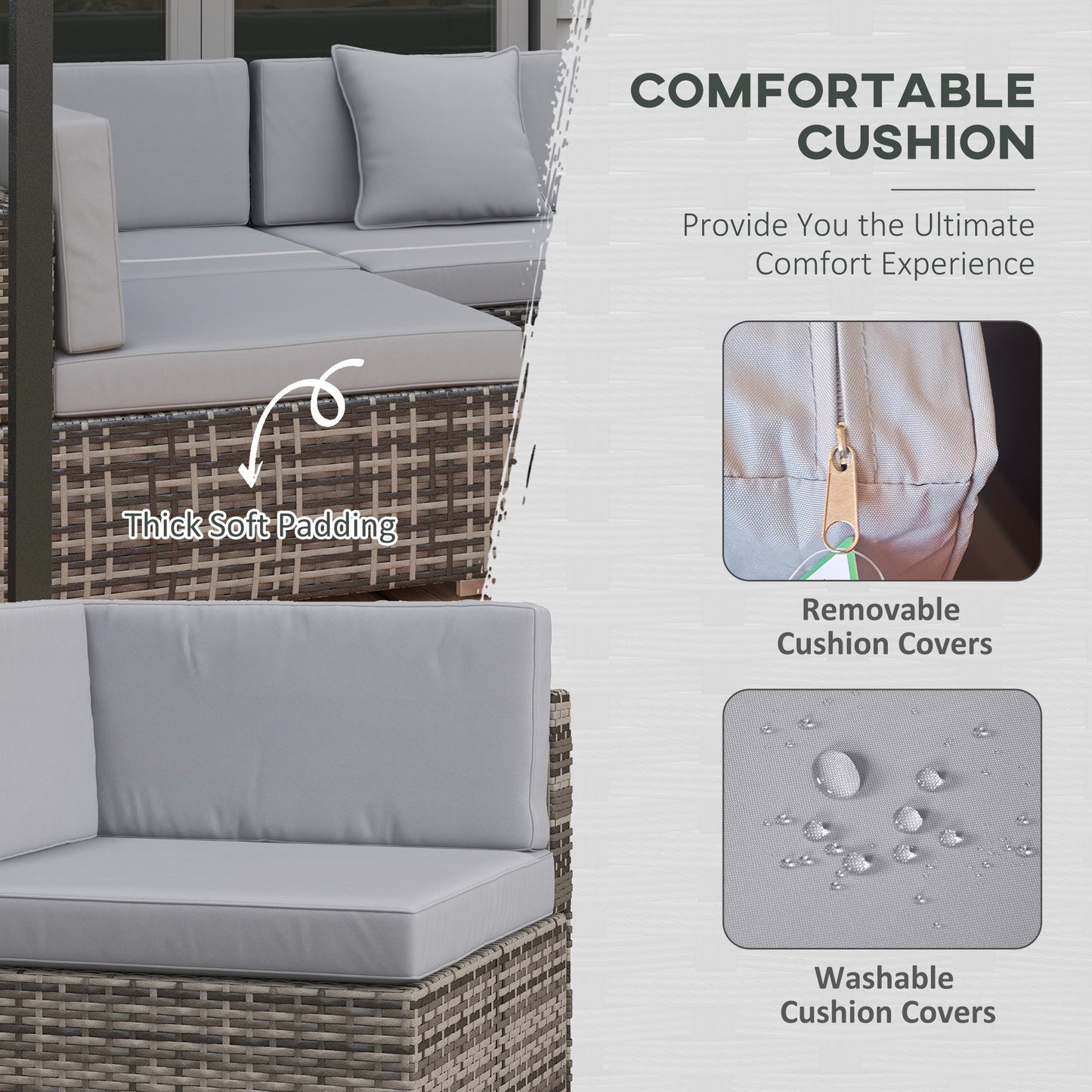 7 Pieces PE Rattan Garden Furniture Set with Thick Padded Cushion, Patio Garden Corner Sofa Sets with Glass Coffee Table and Pillows, Buckle Structure, Grey