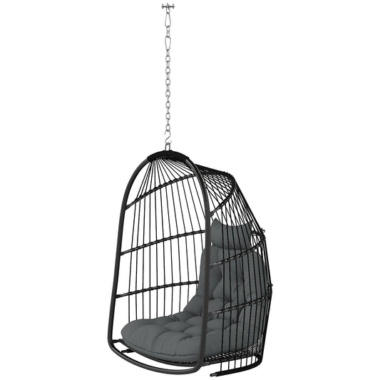 Hanging Egg Chair, Foldable Rattan Garden Swing Chair with Installation Kit, Thickened Cushion and Headrest, Indoor Outdoor Hanging Egg Basket Seat for Patio, Porch, Dark Grey