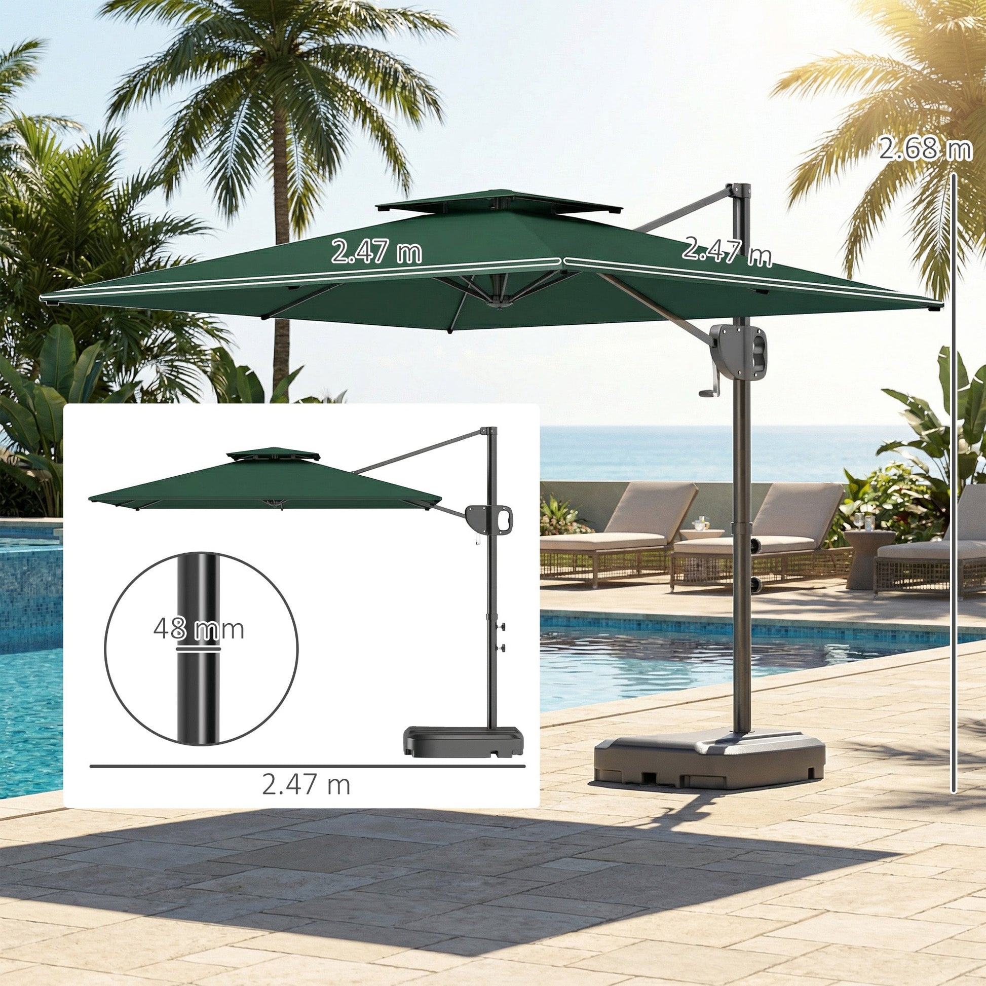 2.5m Garden Cantilever Parasol with Fillable Base, Up to 45kg, Double Top Garden Parasol, Square Overhanging Patio Umbrella with Crank Handle and Tilt for Outdoor Sun Shade, Dark Green