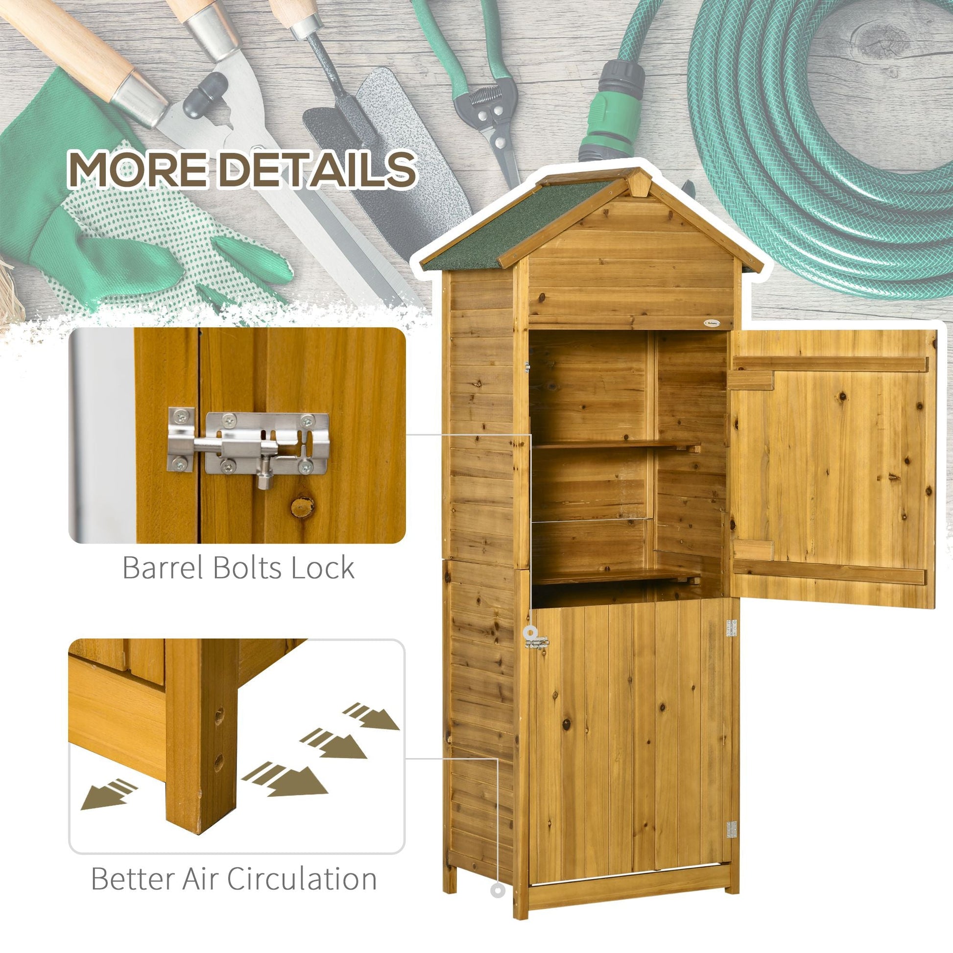 Wooden Garden Storage Shed Utility Gardener Cabinet w/ 3 Shelves, Tilted-felt Roof and Two Lockable Doors, 79cm x 49cm x 191.5cm, Natural wood effect