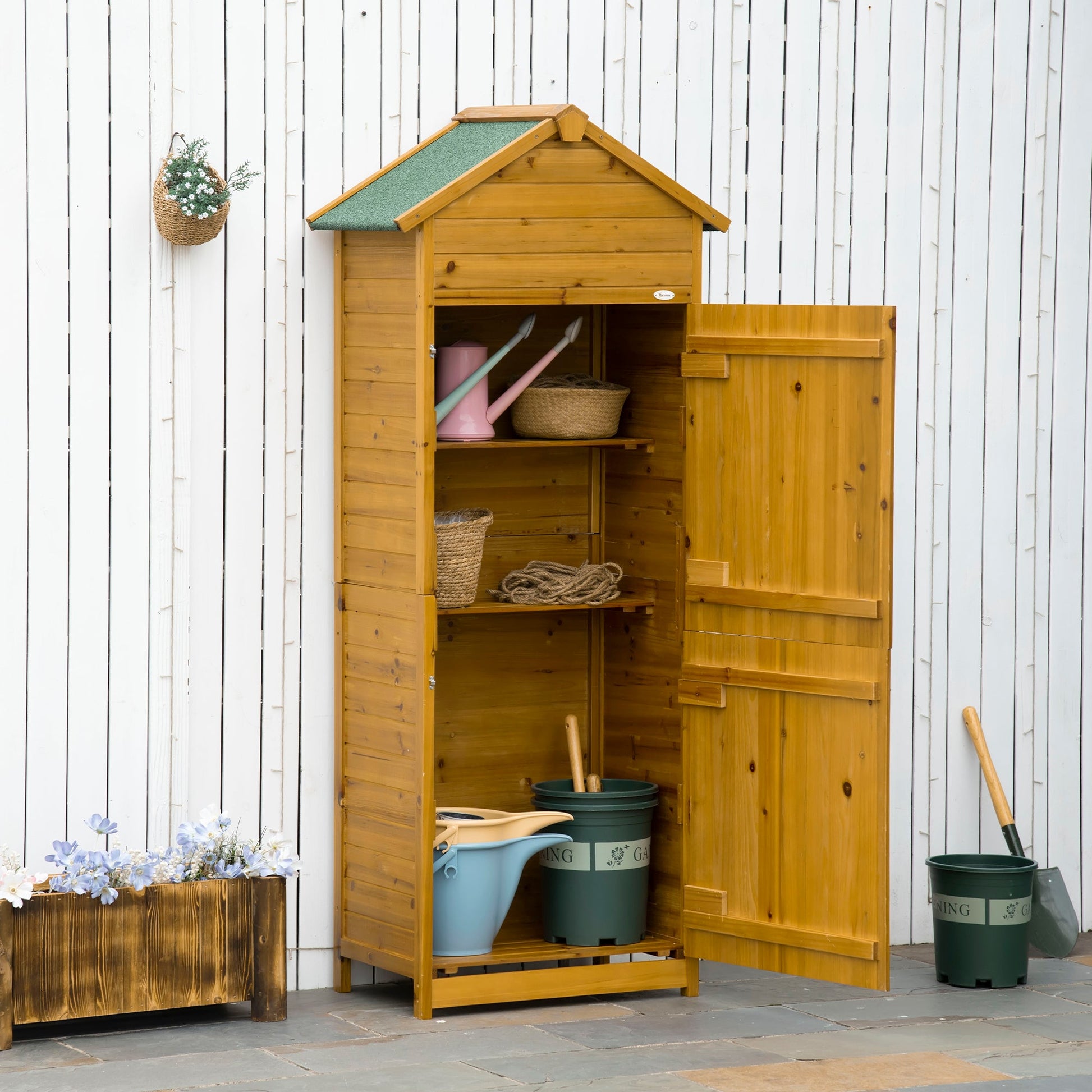 Wooden Garden Storage Shed Utility Gardener Cabinet w/ 3 Shelves, Tilted-felt Roof and Two Lockable Doors, 79cm x 49cm x 191.5cm, Natural wood effect