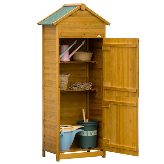 Wooden Garden Storage Shed Utility Gardener Cabinet w/ 3 Shelves, Tilted-felt Roof and Two Lockable Doors, 79cm x 49cm x 191.5cm, Natural wood effect