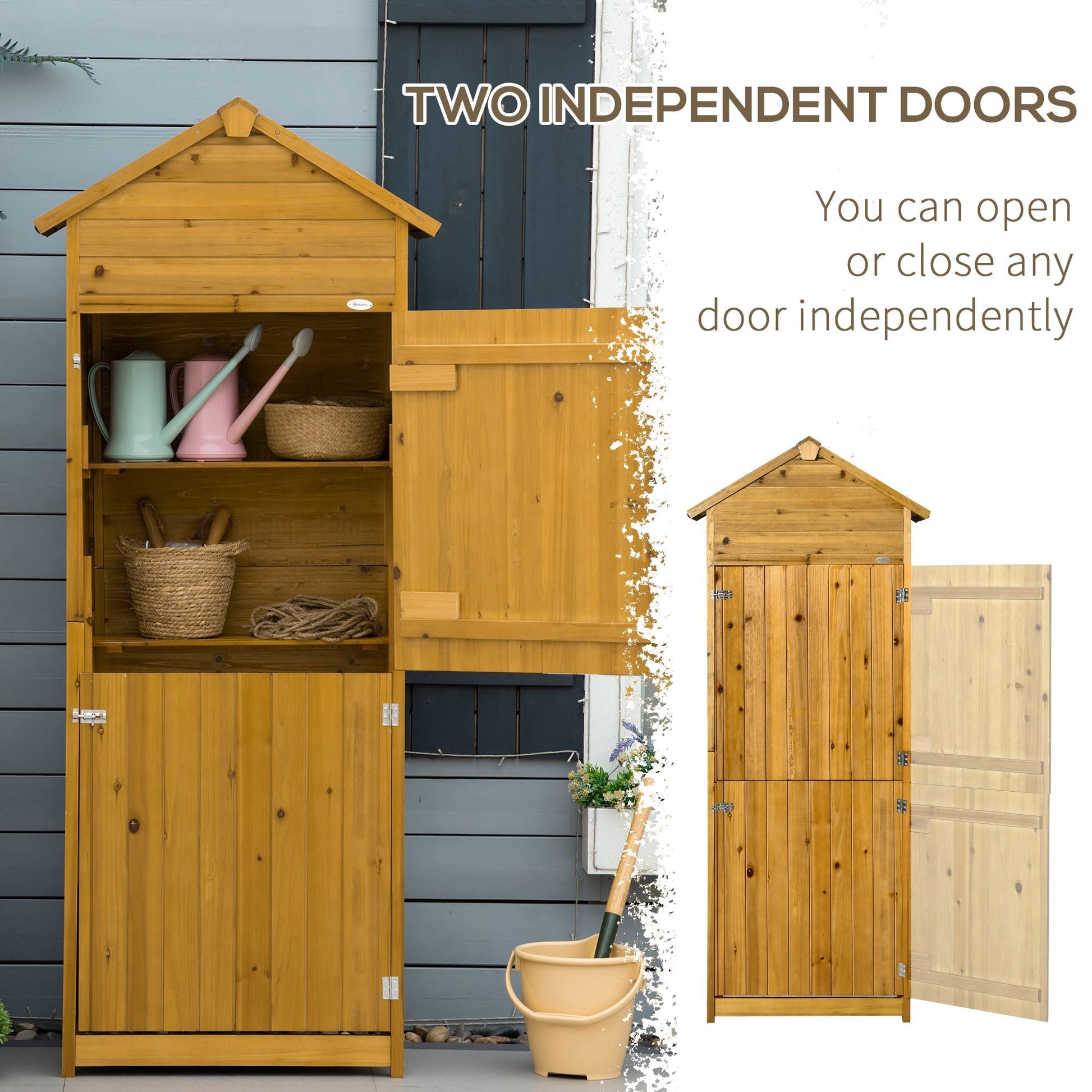 Wooden Garden Storage Shed Utility Gardener Cabinet w/ 3 Shelves, Tilted-felt Roof and Two Lockable Doors, 79cm x 49cm x 191.5cm, Natural wood effect