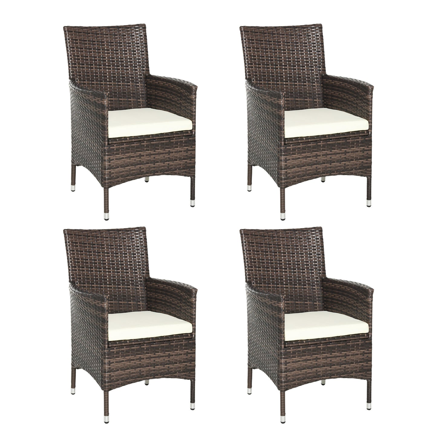 4 Pieces Outdoor PE Rattan Dining Chairs Set with Cushion, Garden Armchair with Armrests, High Backrest, Metal Frame Patio Wicker Furniture, Mixed Brown