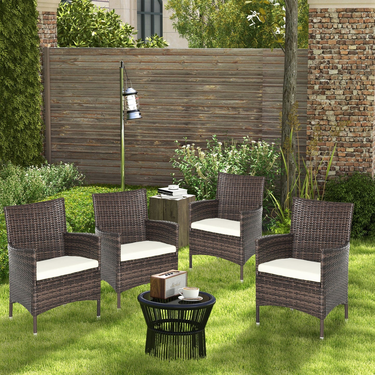 4 Pieces Outdoor PE Rattan Dining Chairs Set with Cushion, Garden Armchair with Armrests, High Backrest, Metal Frame Patio Wicker Furniture, Mixed Brown