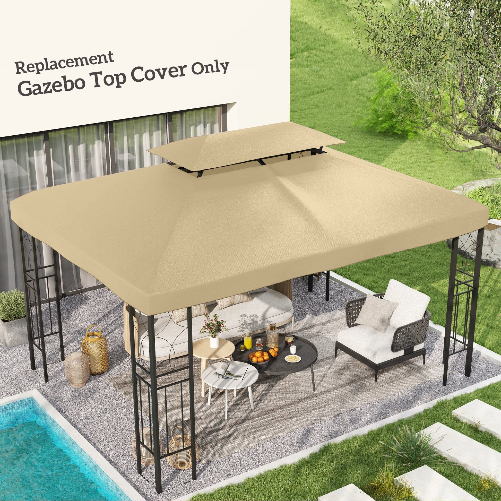 3x4m Gazebo Canopy Replacement Cover, 2 Tier Top Roof UV Cover Garden Patio Outdoor Sun Awning Shelters, Cream White  (TOP COVER ONLY)