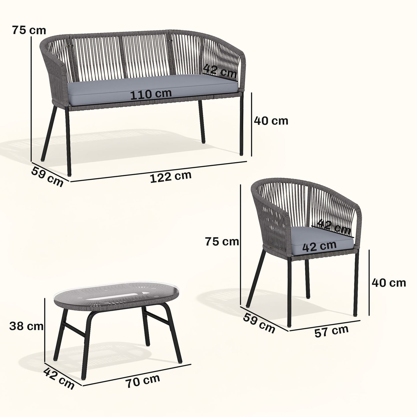 4 Piece Garden Furniture Set, Rope Woven Garden Sofa Set with 1 Loveseat, 2 Armchairs, Tempered Glass Coffee Table, Outdoor Conversation Furniture with Cushions for Patio, Dark Grey
