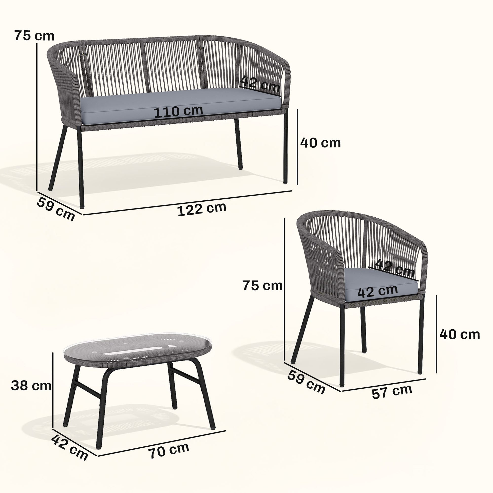 4 Piece Garden Furniture Set, Rope Woven Garden Sofa Set with 1 Loveseat, 2 Armchairs, Tempered Glass Coffee Table, Outdoor Conversation Furniture with Cushions for Patio, Dark Grey