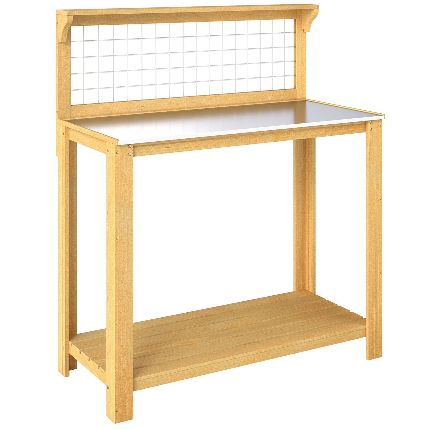 Wooden Potting Bench Table with Aluminium Worktop, Outdoor Garden Workbench with 2 Shelves and Grid Design for DIY, Planting Work Station for Patio, Yard, Balcony, 100 x 48 x 119 cm, Yellow