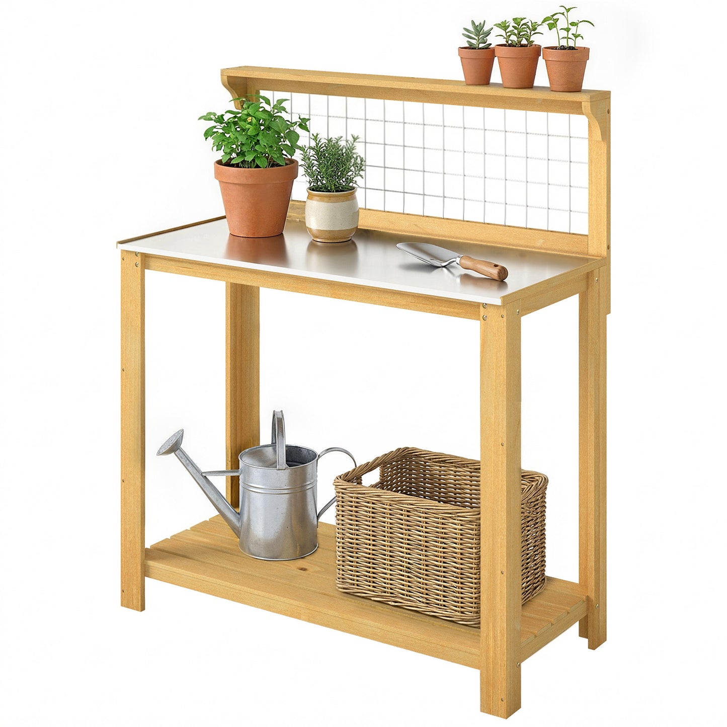 Wooden Potting Bench Table with Aluminium Worktop, Outdoor Garden Workbench with 2 Shelves and Grid Design for DIY, Planting Work Station for Patio, Yard, Balcony, 100 x 48 x 119 cm, Yellow