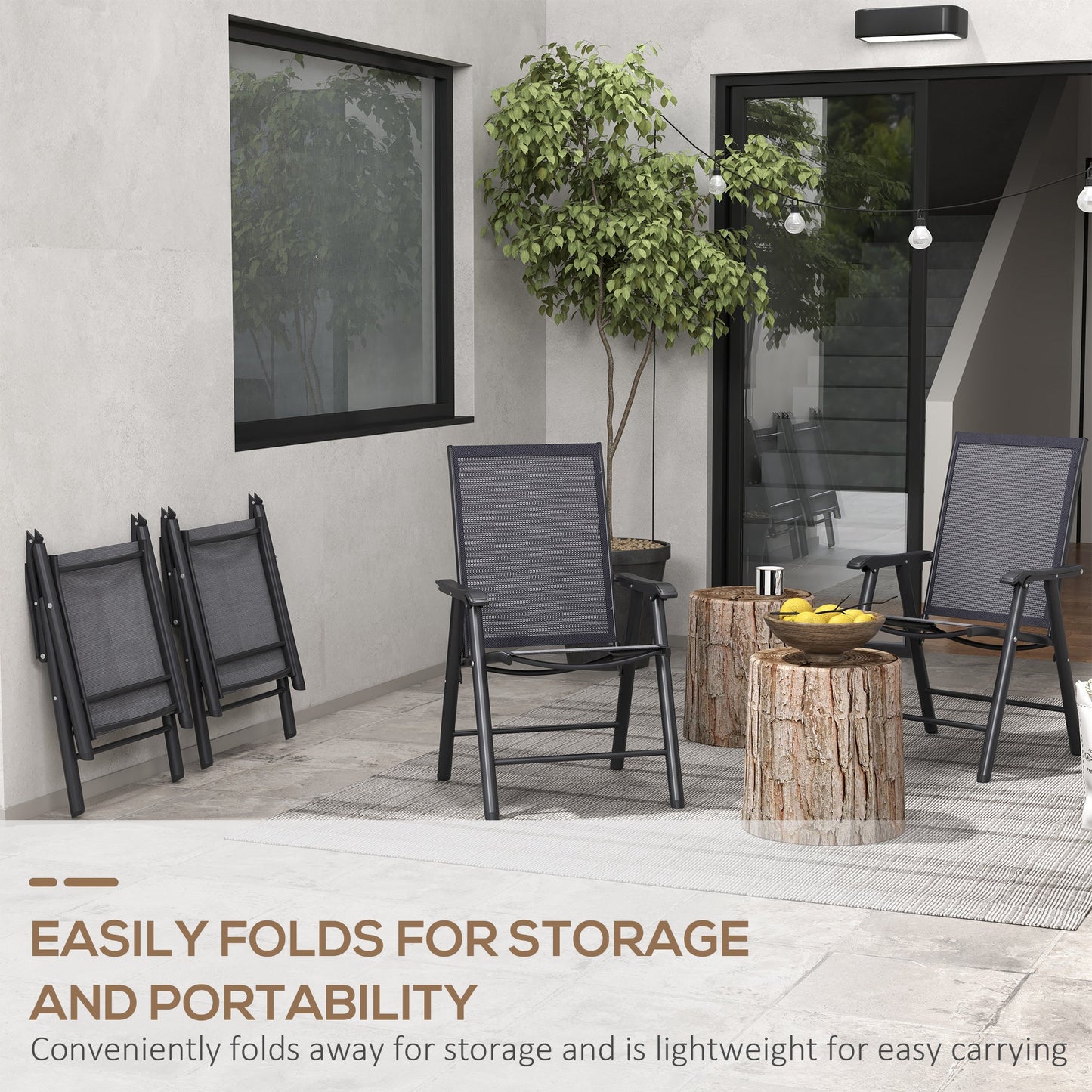 Set of 4 Folding Garden Chairs, Metal Frame Garden Chairs Outdoor Patio Park Dining Seat with Breathable Mesh Seat, Charcoal Grey
