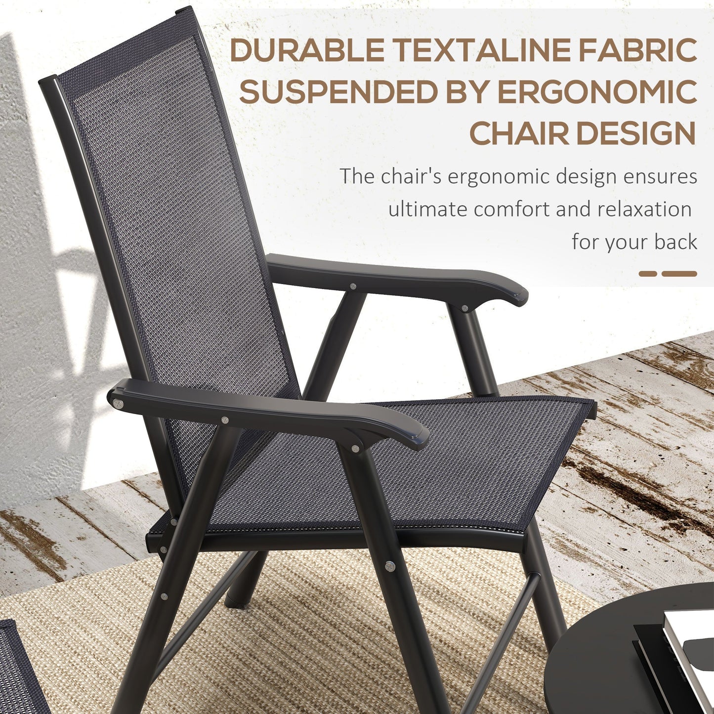 Set of 4 Folding Garden Chairs, Metal Frame Garden Chairs Outdoor Patio Park Dining Seat with Breathable Mesh Seat, Charcoal Grey