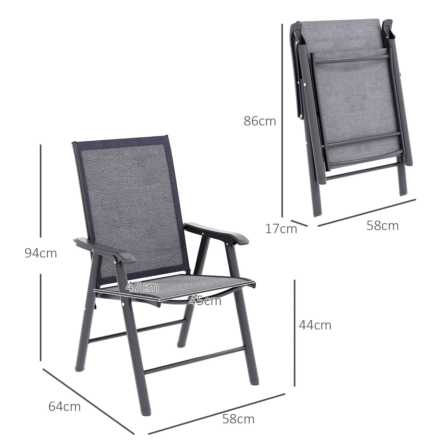 Set of 4 Folding Garden Chairs, Metal Frame Garden Chairs Outdoor Patio Park Dining Seat with Breathable Mesh Seat, Charcoal Grey