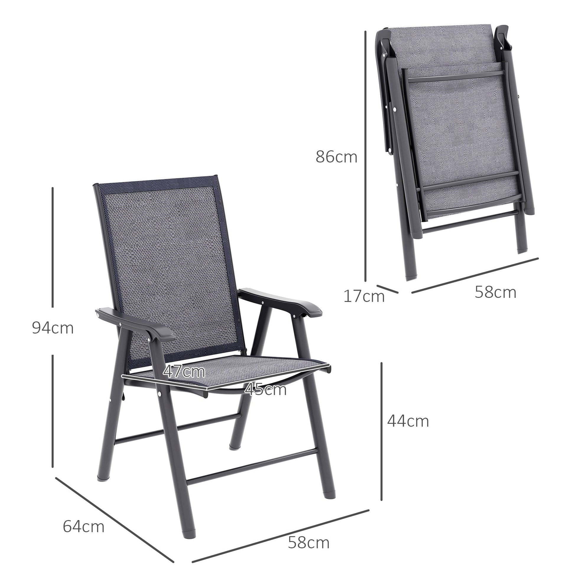 Set of 4 Folding Garden Chairs, Metal Frame Garden Chairs Outdoor Patio Park Dining Seat with Breathable Mesh Seat, Charcoal Grey