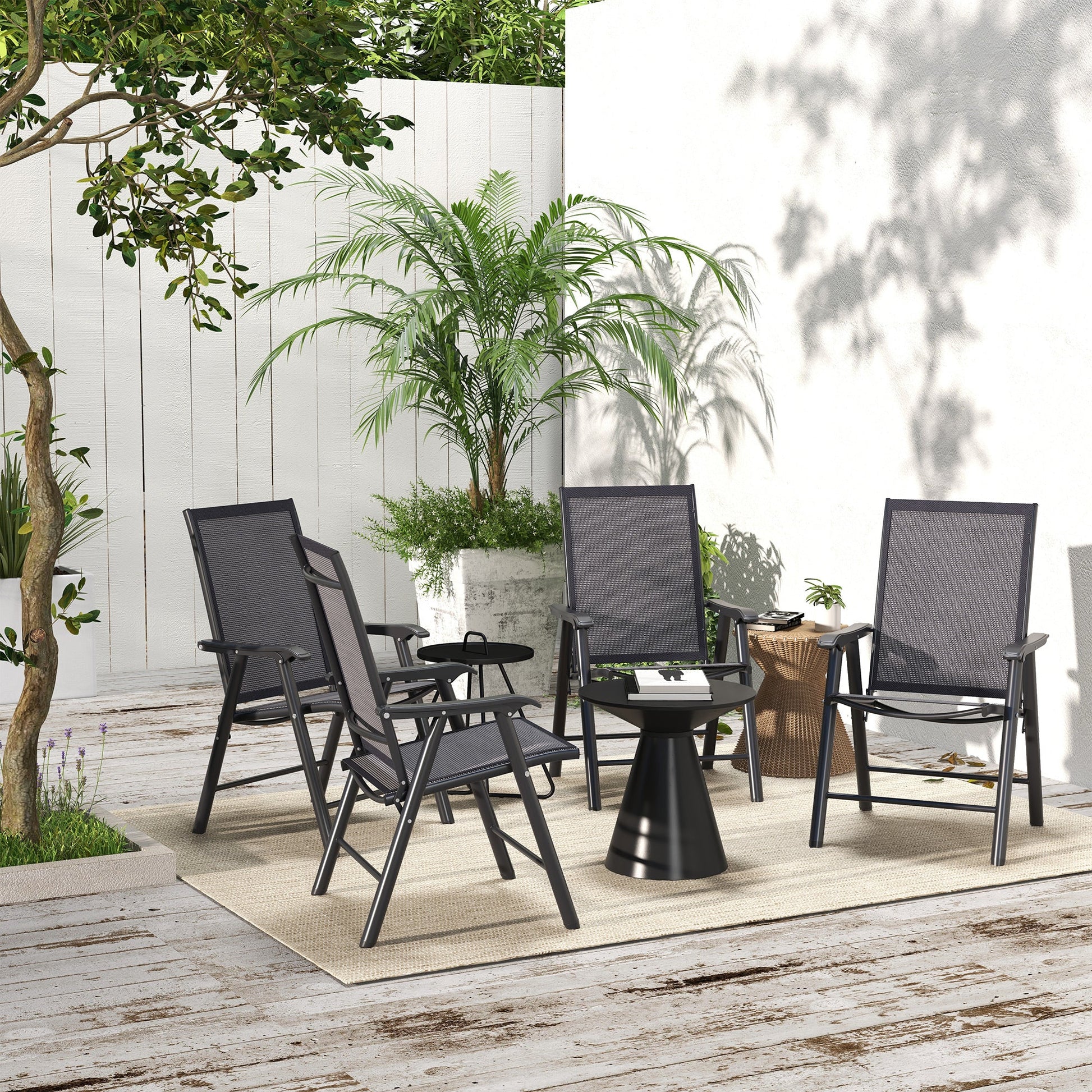 Set of 4 Folding Garden Chairs, Metal Frame Garden Chairs Outdoor Patio Park Dining Seat with Breathable Mesh Seat, Charcoal Grey