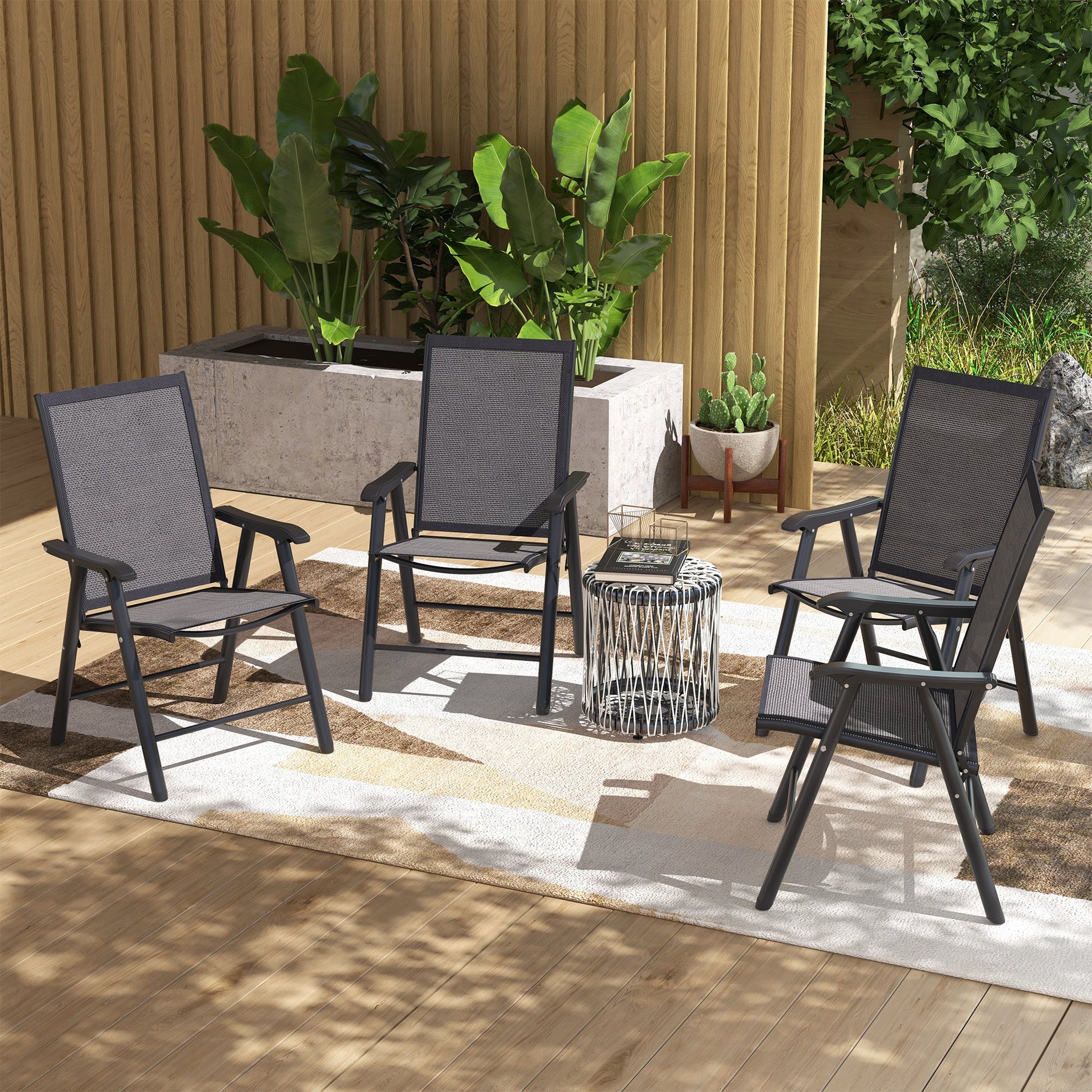 Set of 4 Folding Garden Chairs, Metal Frame Garden Chairs Outdoor Patio Park Dining Seat with Breathable Mesh Seat, Charcoal Grey