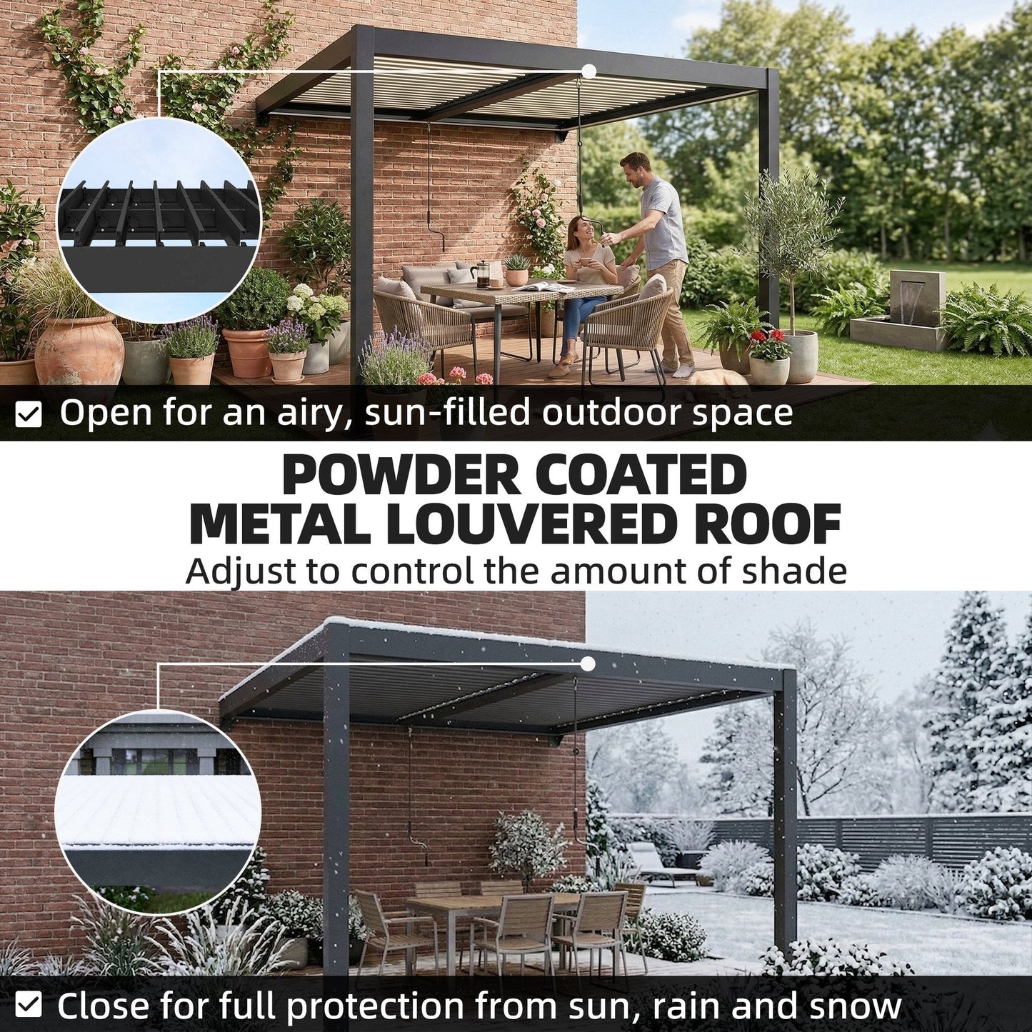 3 x 3 m Louvered Pergola with LED Lights, Adjustable Metal Louvred Roof, Wall Mounted Patio Gazebo Pergola Canopy with Aluminium Frame, Drainage Gutters for Garden Outdoor, Dark Grey