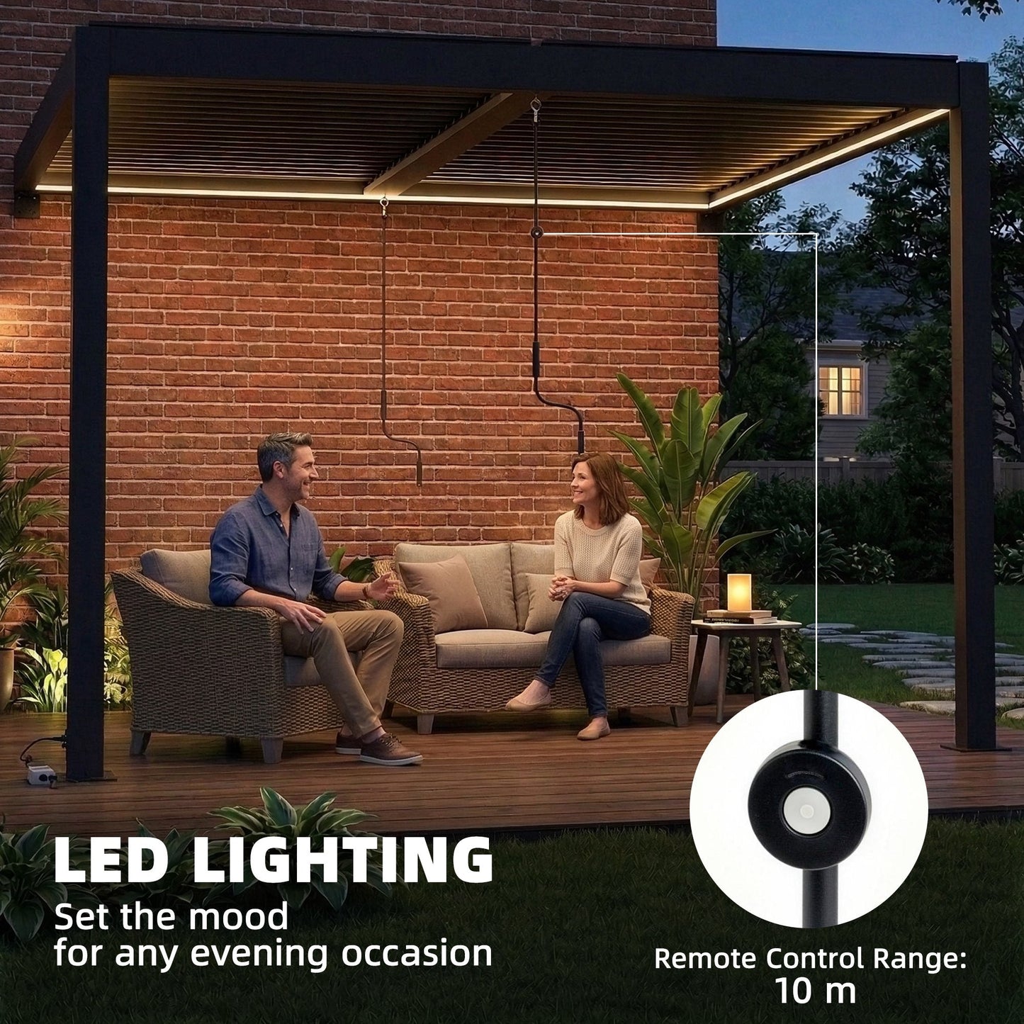 3 x 3 m Louvered Pergola with LED Lights, Adjustable Metal Louvred Roof, Wall Mounted Patio Gazebo Pergola Canopy with Aluminium Frame, Drainage Gutters for Garden Outdoor, Dark Grey