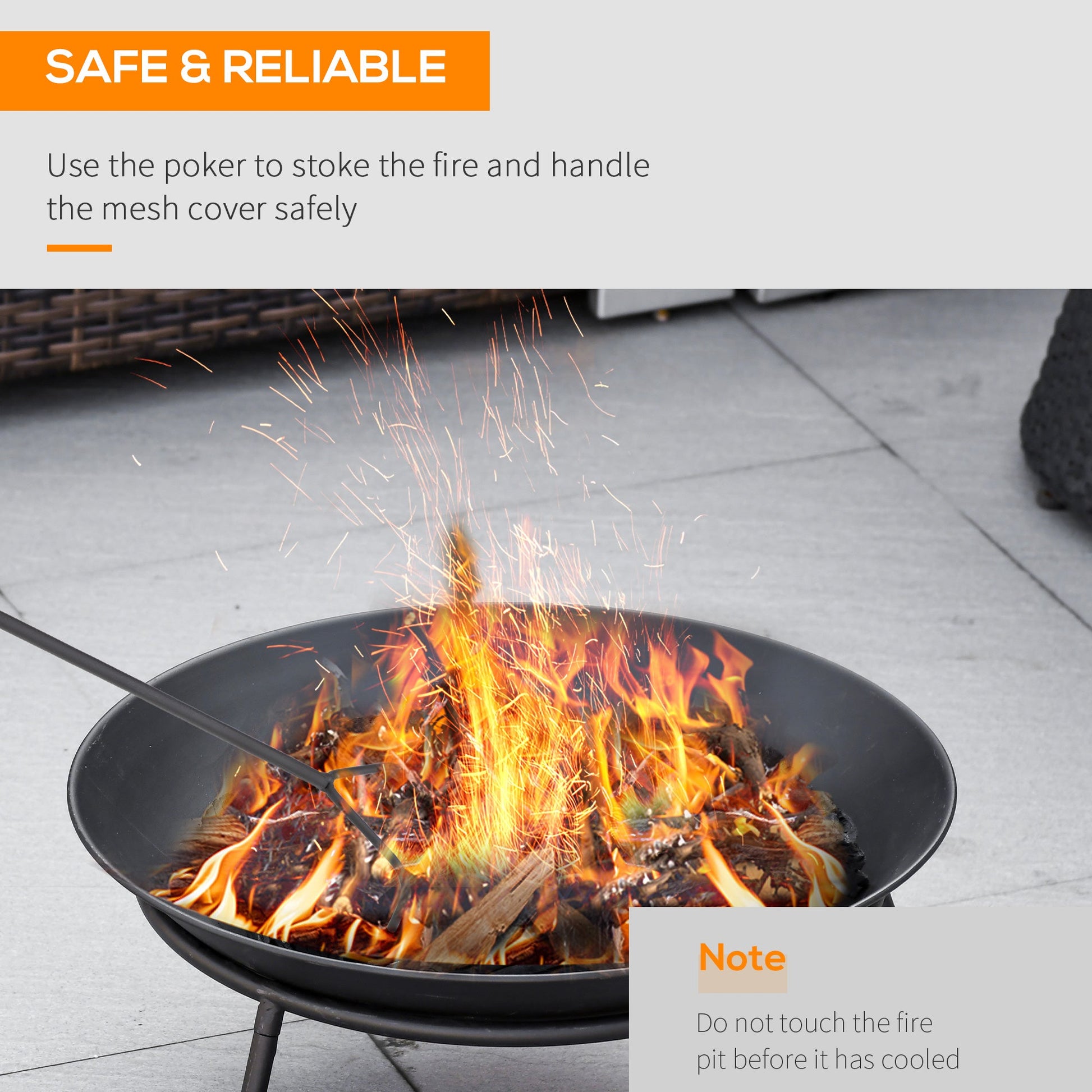 Dia. 47 x 21 cm Outdoor Fire Pit, Portable Round Firepit with Poker, for Garden, Camping, Bonfire, Picnic, Black