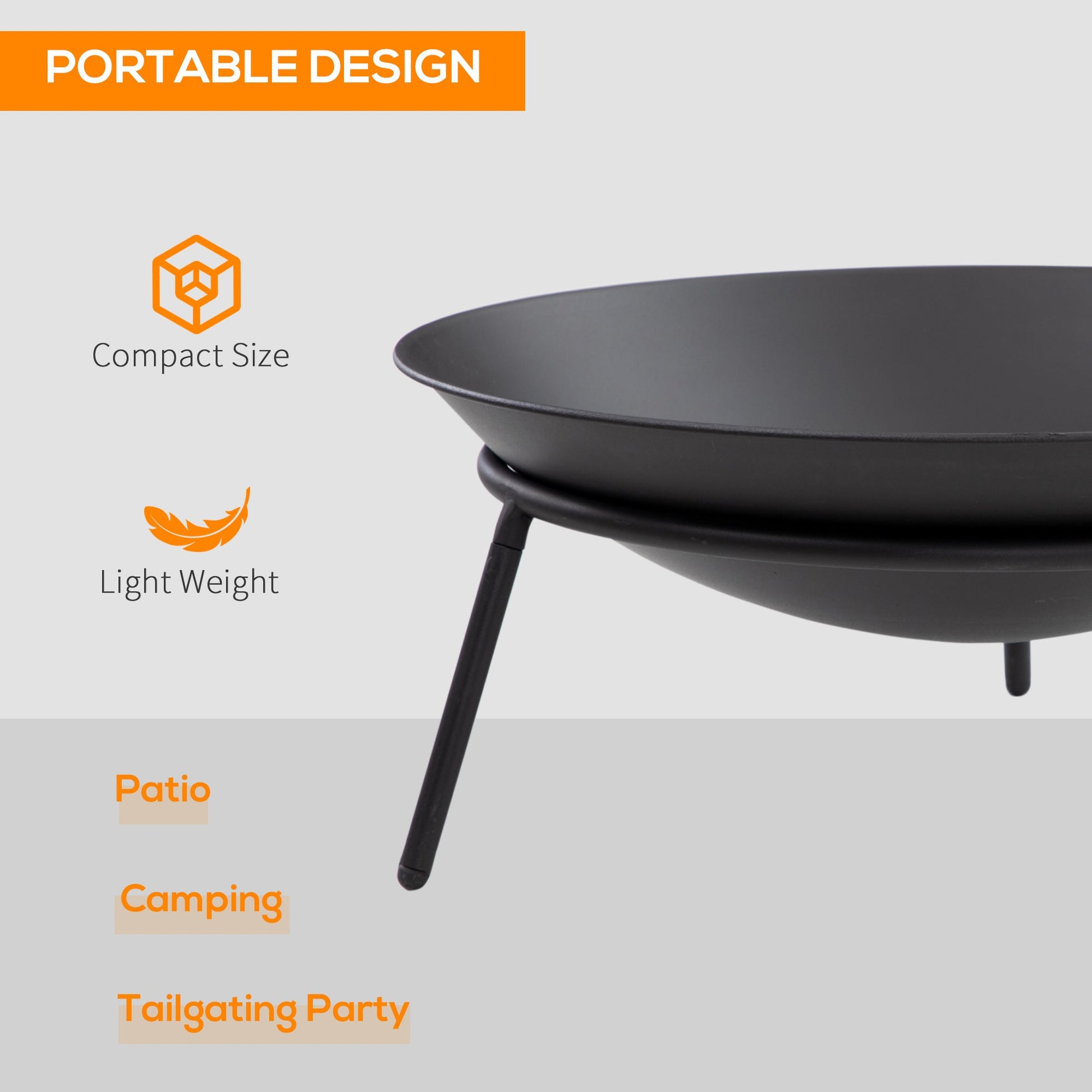 Dia. 47 x 21 cm Outdoor Fire Pit, Portable Round Firepit with Poker, for Garden, Camping, Bonfire, Picnic, Black