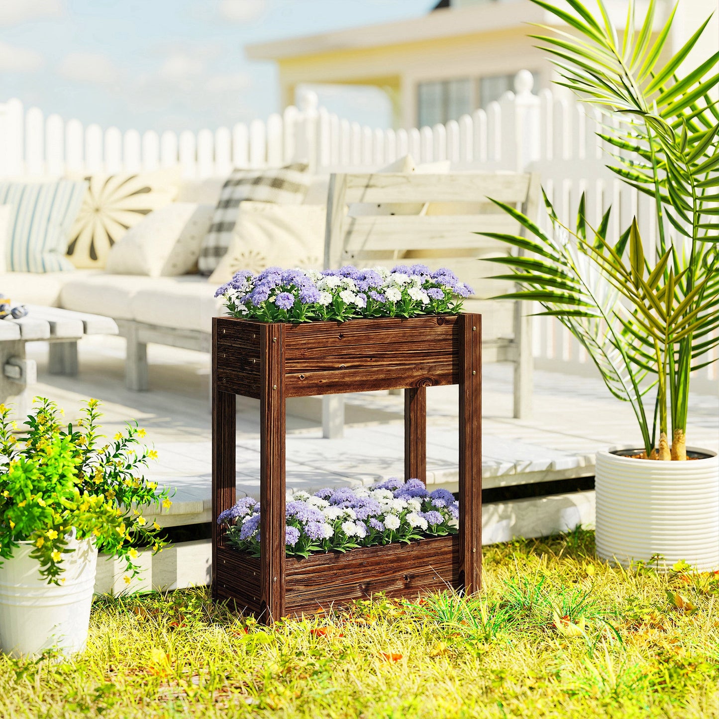 2-Tier Wooden Raised Planter, Raised Garden Bed on Legs with Drainage Holes and Bed Liner, Outdoor Elevated Garden Planter for Vegetables, Herbs, Flowers, 60 x 25 x 70 cm