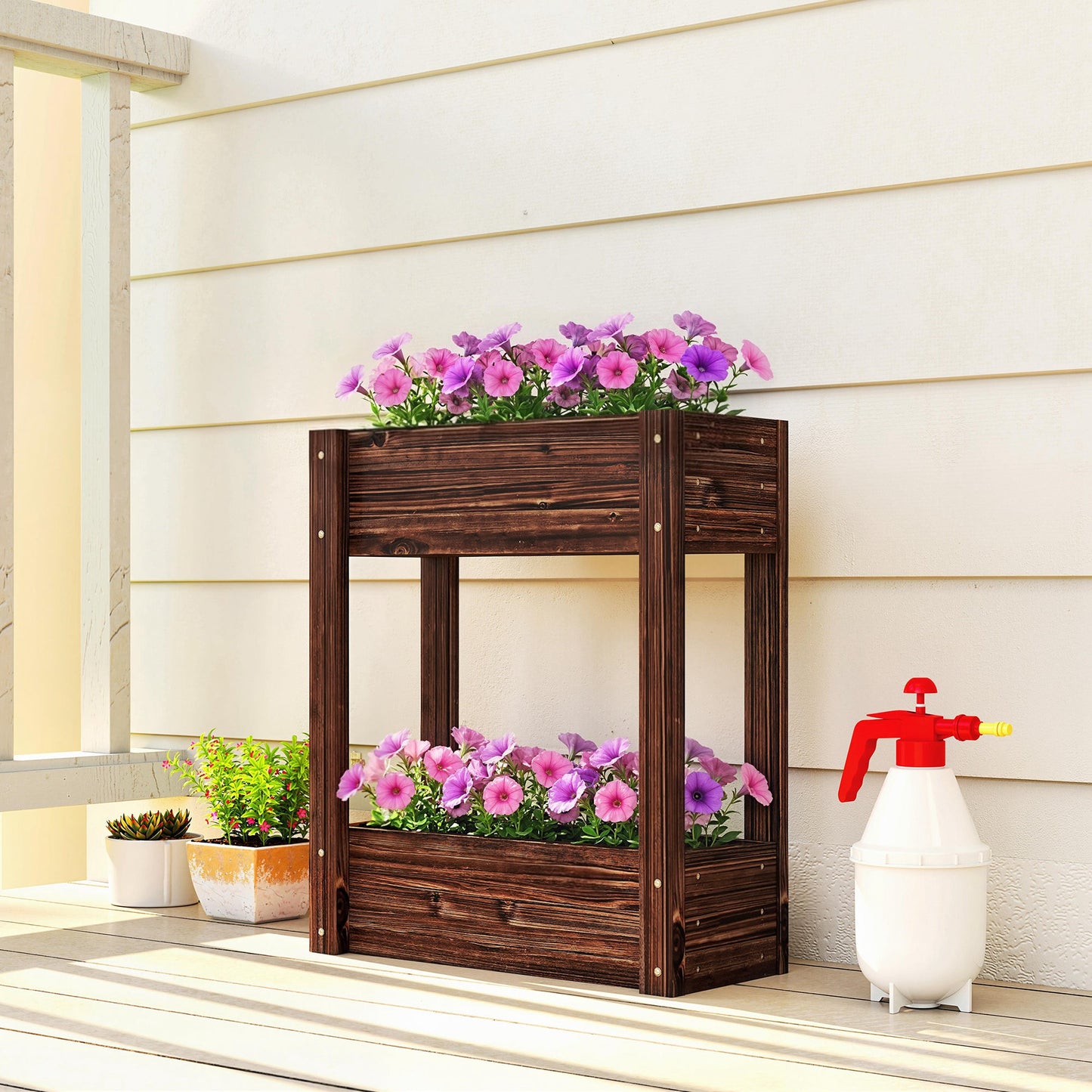 2-Tier Wooden Raised Planter, Raised Garden Bed on Legs with Drainage Holes and Bed Liner, Outdoor Elevated Garden Planter for Vegetables, Herbs, Flowers, 60 x 25 x 70 cm