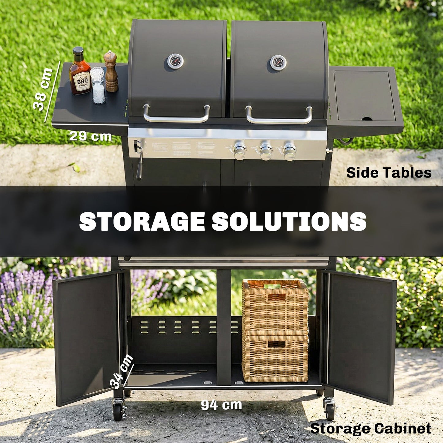 2+1 Burner Hybrid Dual Fuel BBQ Gas Grill, 2-in-1 Portable Propane & Charcoal Barbecue Grill Smoker Combo with Wheels, Warming Rack, Built-in Thermometer, Side Shelves, Cabinet, Lid, Black