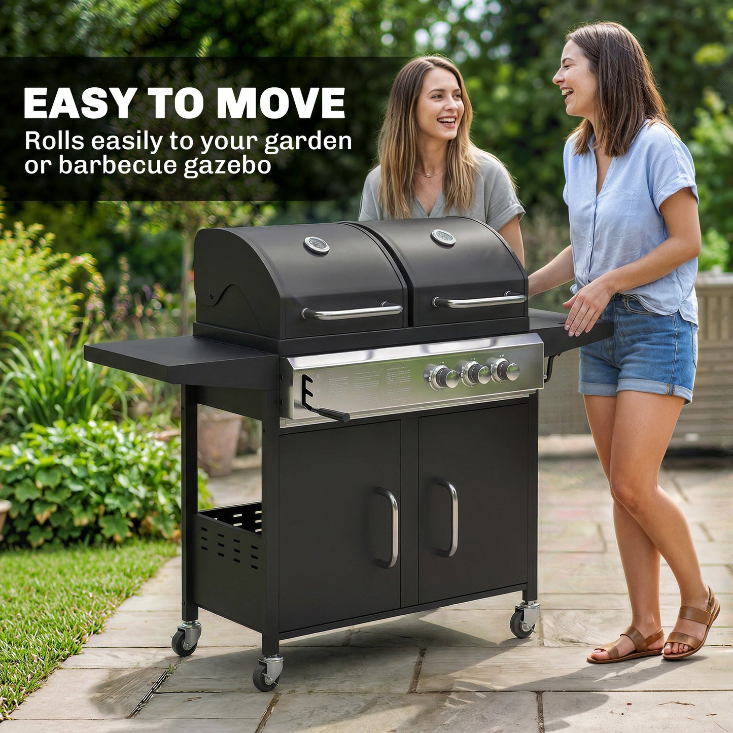2+1 Burner Hybrid Dual Fuel BBQ Gas Grill, 2-in-1 Portable Propane & Charcoal Barbecue Grill Smoker Combo with Wheels, Warming Rack, Built-in Thermometer, Side Shelves, Cabinet, Lid, Black