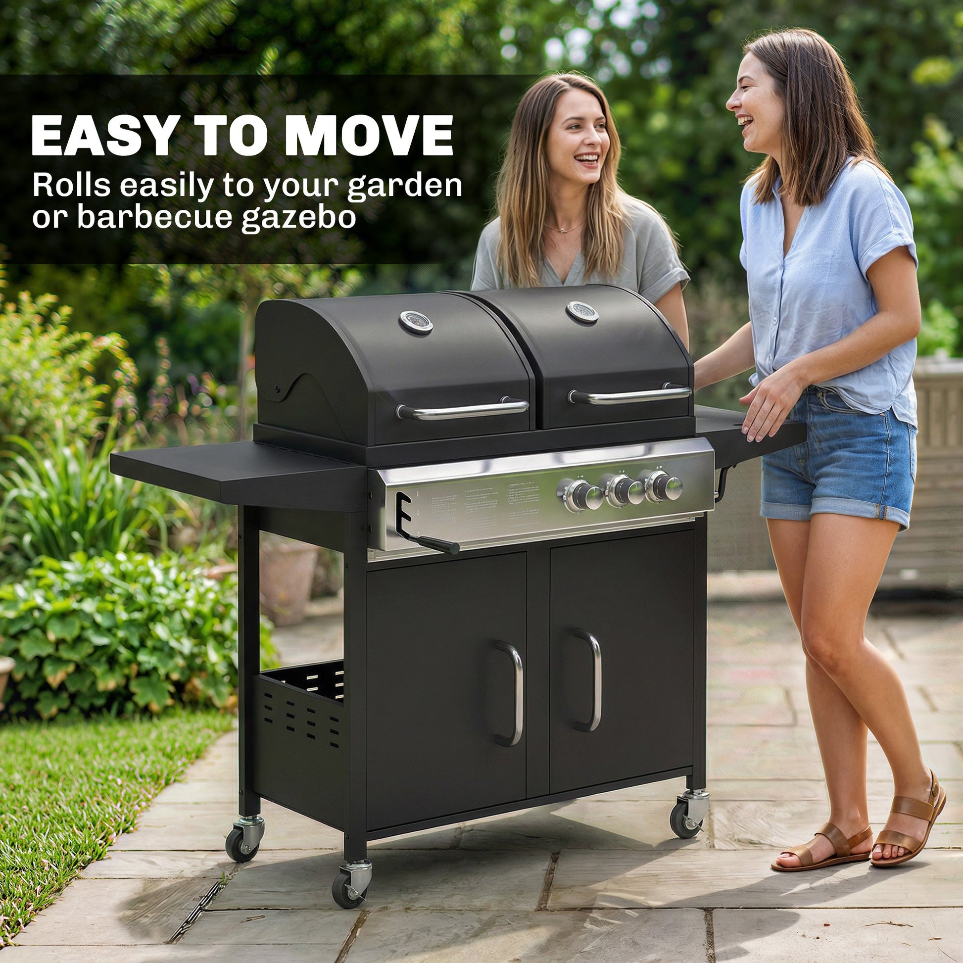 2+1 Burner Hybrid Dual Fuel BBQ Gas Grill, 2-in-1 Portable Propane & Charcoal Barbecue Grill Smoker Combo with Wheels, Warming Rack, Built-in Thermometer, Side Shelves, Cabinet, Lid, Black