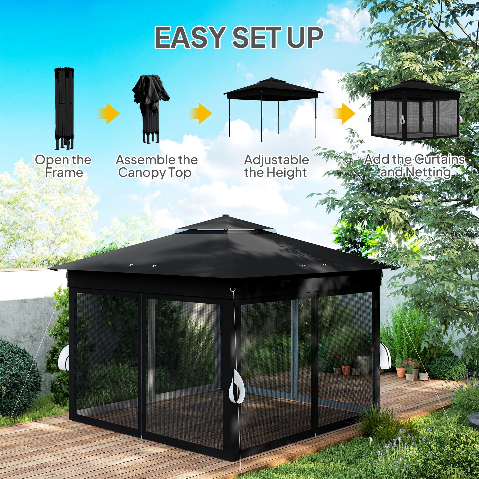 3 x 3(m) Pop Up Gazebo with Sides, 20 Solar-Powered LED Lights, Netting, Roller Bag, 4 Weight Bags, Marquee Party Tent, Height Adjustable Instant Event Shelter, Black