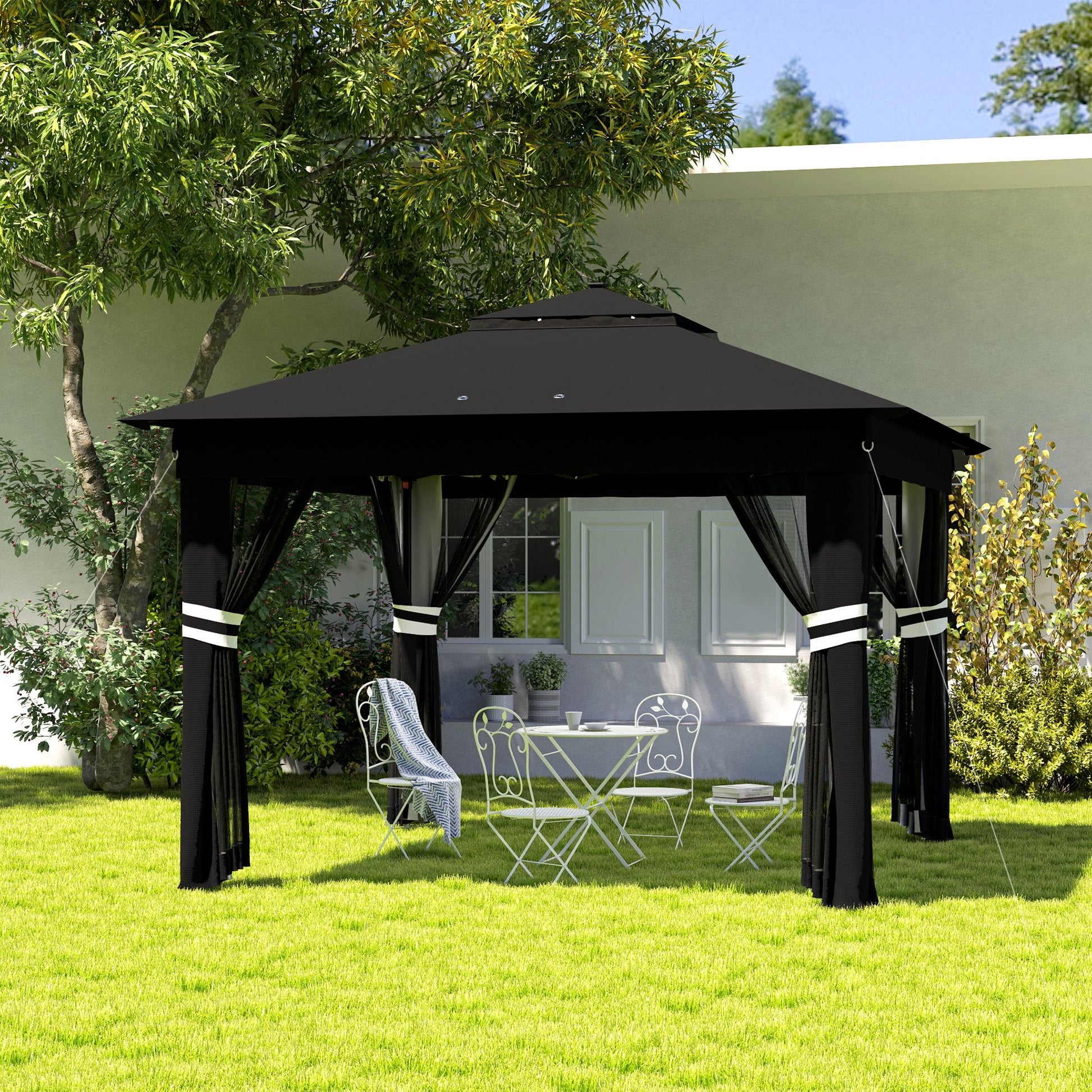 3 x 3(m) Pop Up Gazebo with Sides, 20 Solar-Powered LED Lights, Netting, Roller Bag, 4 Weight Bags, Marquee Party Tent, Height Adjustable Instant Event Shelter, Black