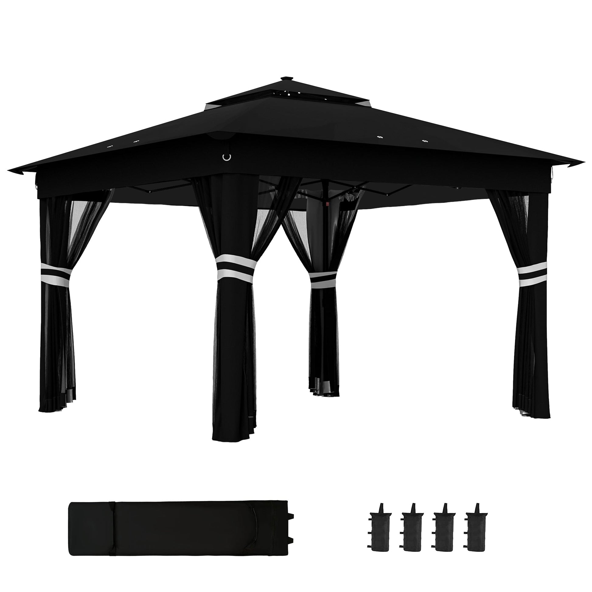 3 x 3(m) Pop Up Gazebo with Sides, 20 Solar-Powered LED Lights, Netting, Roller Bag, 4 Weight Bags, Marquee Party Tent, Height Adjustable Instant Event Shelter, Black