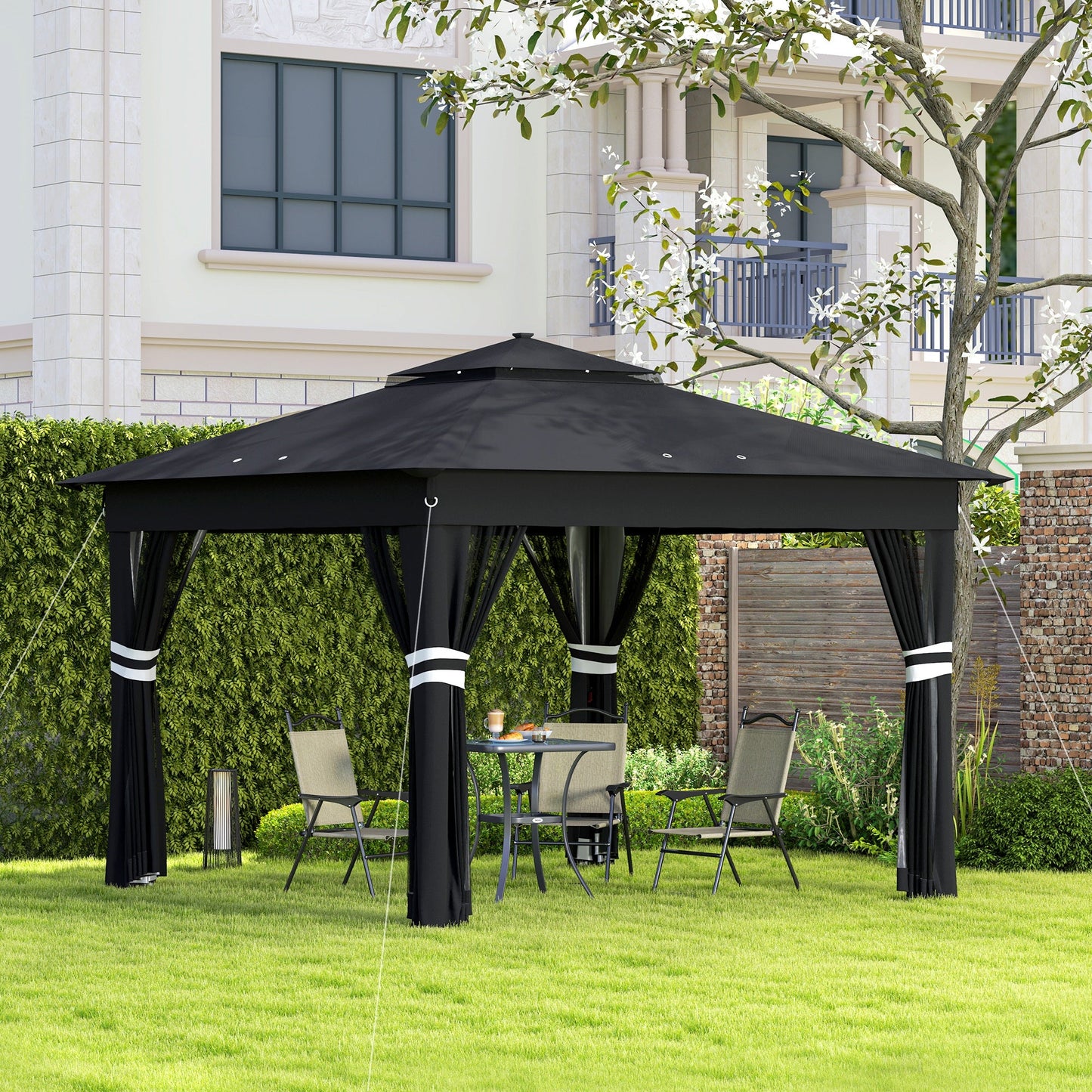 3 x 3(m) Pop Up Gazebo with Sides, 20 Solar-Powered LED Lights, Netting, Roller Bag, 4 Weight Bags, Marquee Party Tent, Height Adjustable Instant Event Shelter, Black