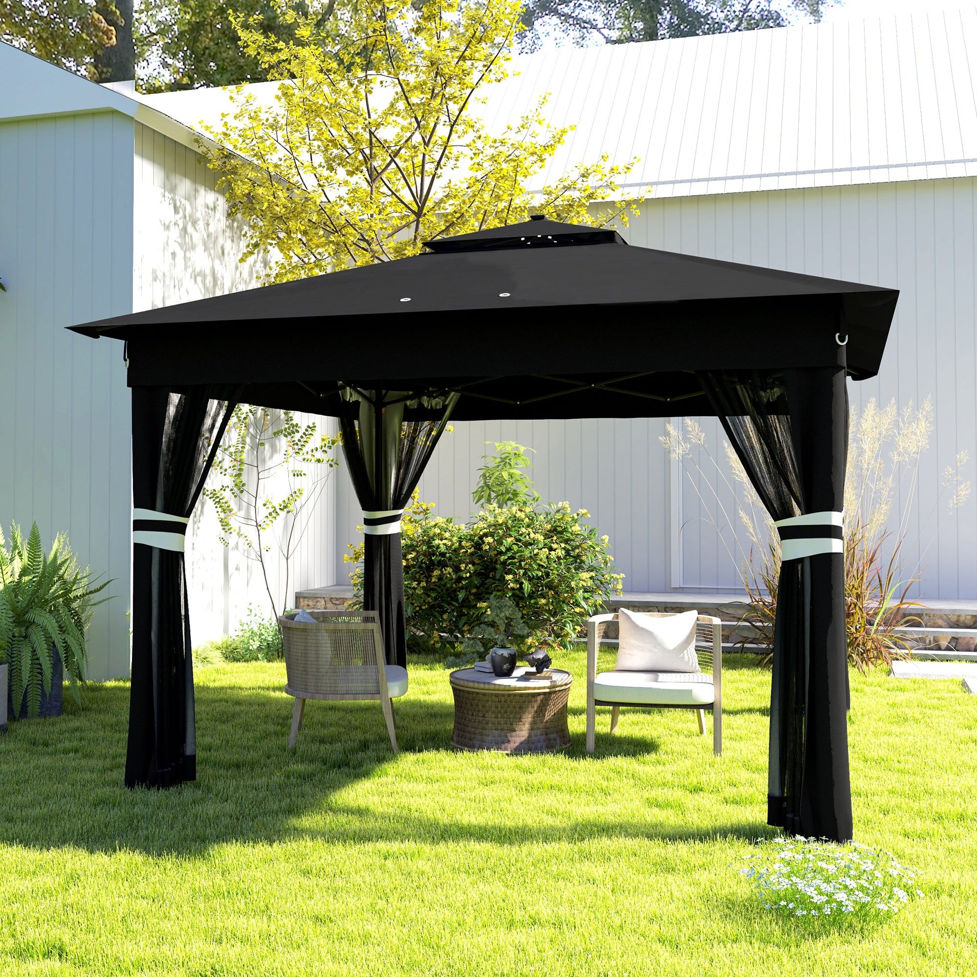 3 x 3(m) Pop Up Gazebo with Sides, 20 Solar-Powered LED Lights, Netting, Roller Bag, 4 Weight Bags, Marquee Party Tent, Height Adjustable Instant Event Shelter, Black