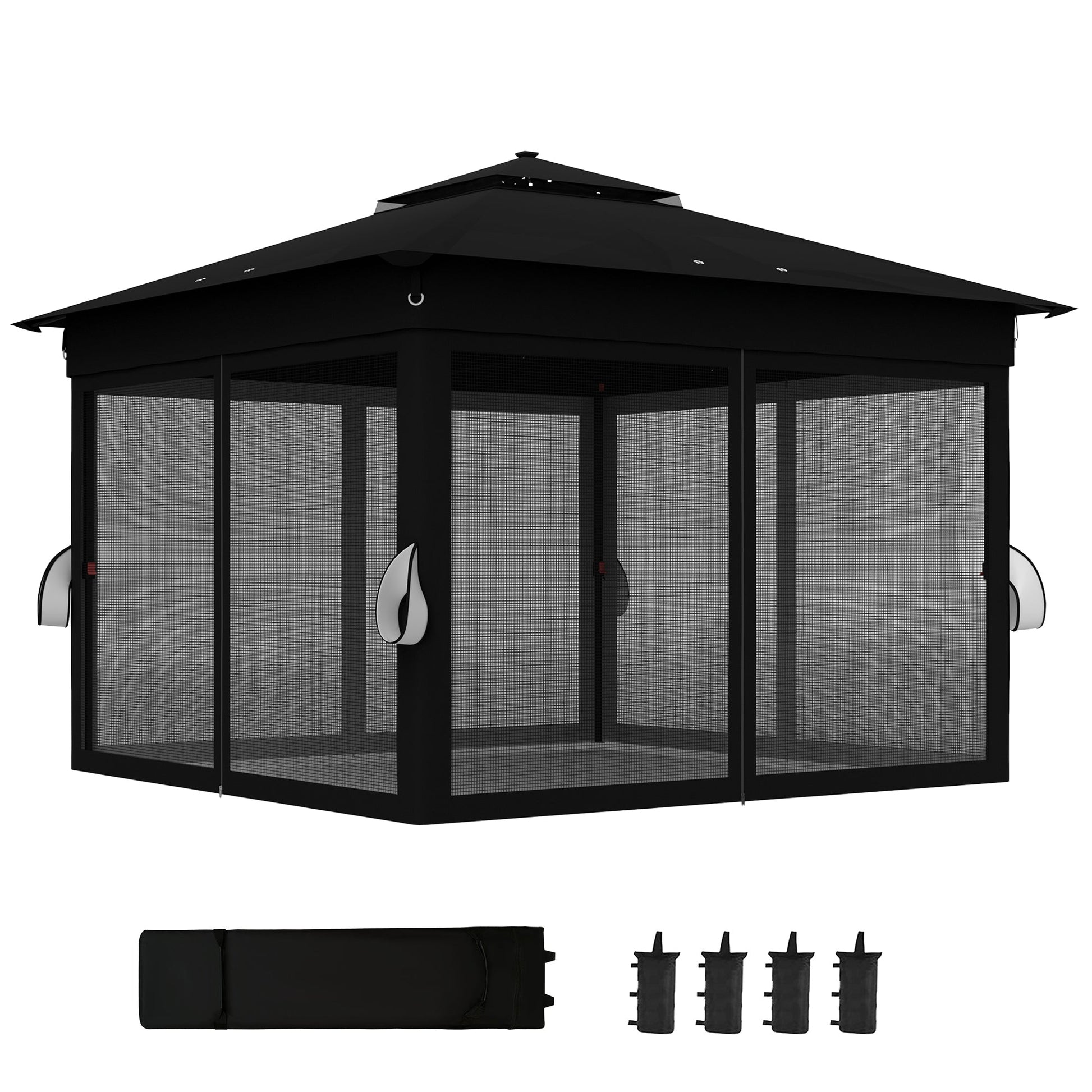 3 x 3(m) Pop Up Gazebo with Sides, 20 Solar-Powered LED Lights, Netting, Roller Bag, 4 Weight Bags, Marquee Party Tent, Height Adjustable Instant Event Shelter, Black