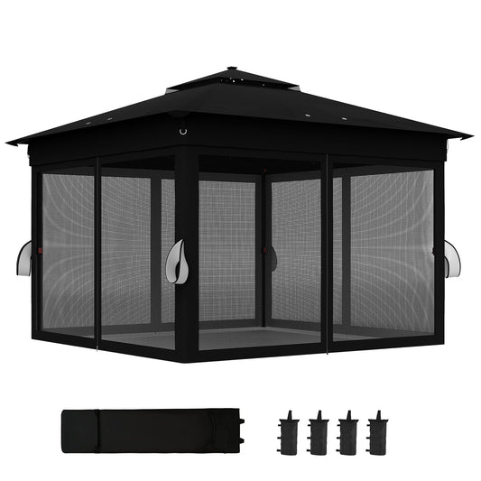 3 x 3(m) Pop Up Gazebo with Sides, 20 Solar-Powered LED Lights, Netting, Roller Bag, 4 Weight Bags, Marquee Party Tent, Height Adjustable Instant Event Shelter, Black
