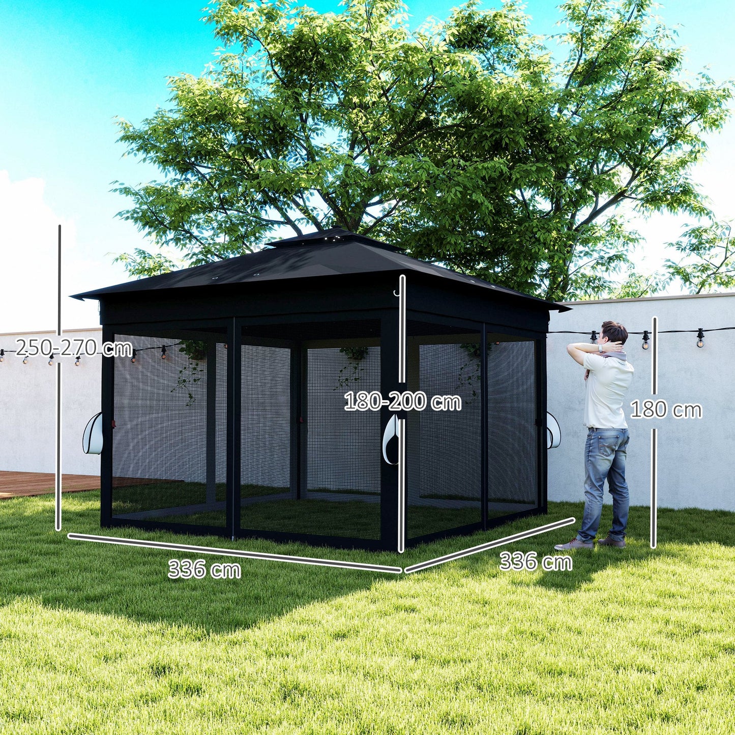 3 x 3(m) Pop Up Gazebo with Sides, 20 Solar-Powered LED Lights, Netting, Roller Bag, 4 Weight Bags, Marquee Party Tent, Height Adjustable Instant Event Shelter, Black