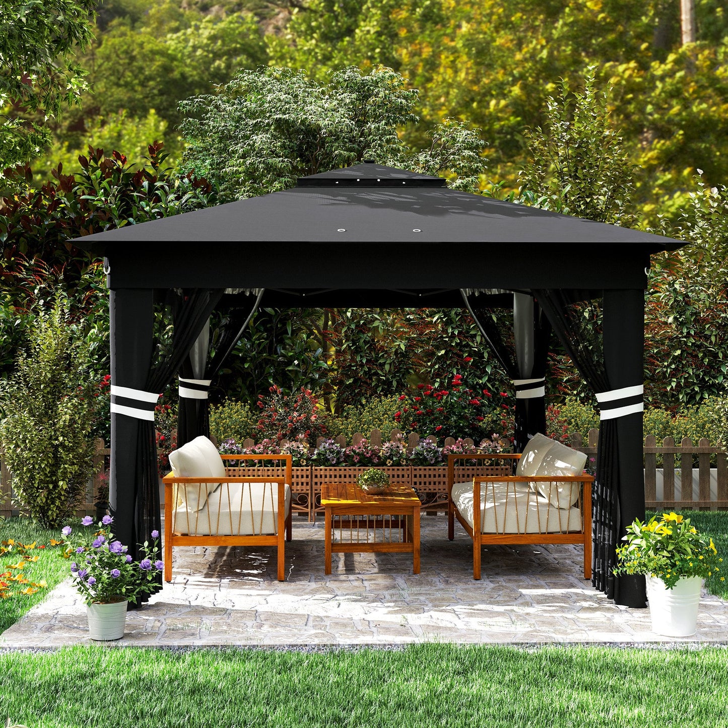 3 x 3(m) Pop Up Gazebo with Sides, 20 Solar-Powered LED Lights, Netting, Roller Bag, 4 Weight Bags, Marquee Party Tent, Height Adjustable Instant Event Shelter, Black