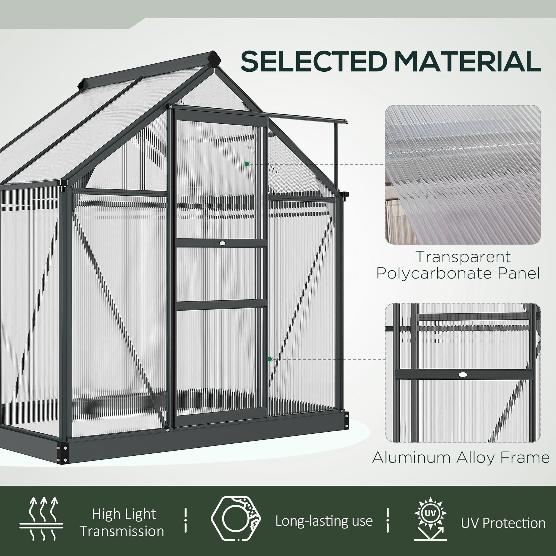 6 x 4ft Polycarbonate Greenhouse, Large Walk-In Green House with Slide Door and Window, Garden Plants Grow House with Aluminium Frame and Foundation, Grey
