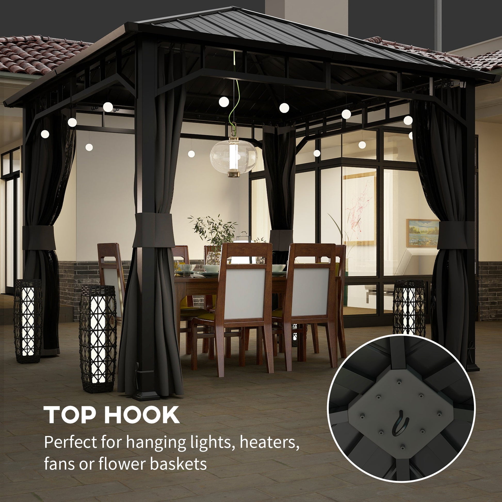 3 x 3(m) Hardtop Gazebo with Galvanised Steel Roof and Water Gutter, Waterproof Permanent Pavilion Garden Gazebo with Netting and Curtains for Patio, Deck