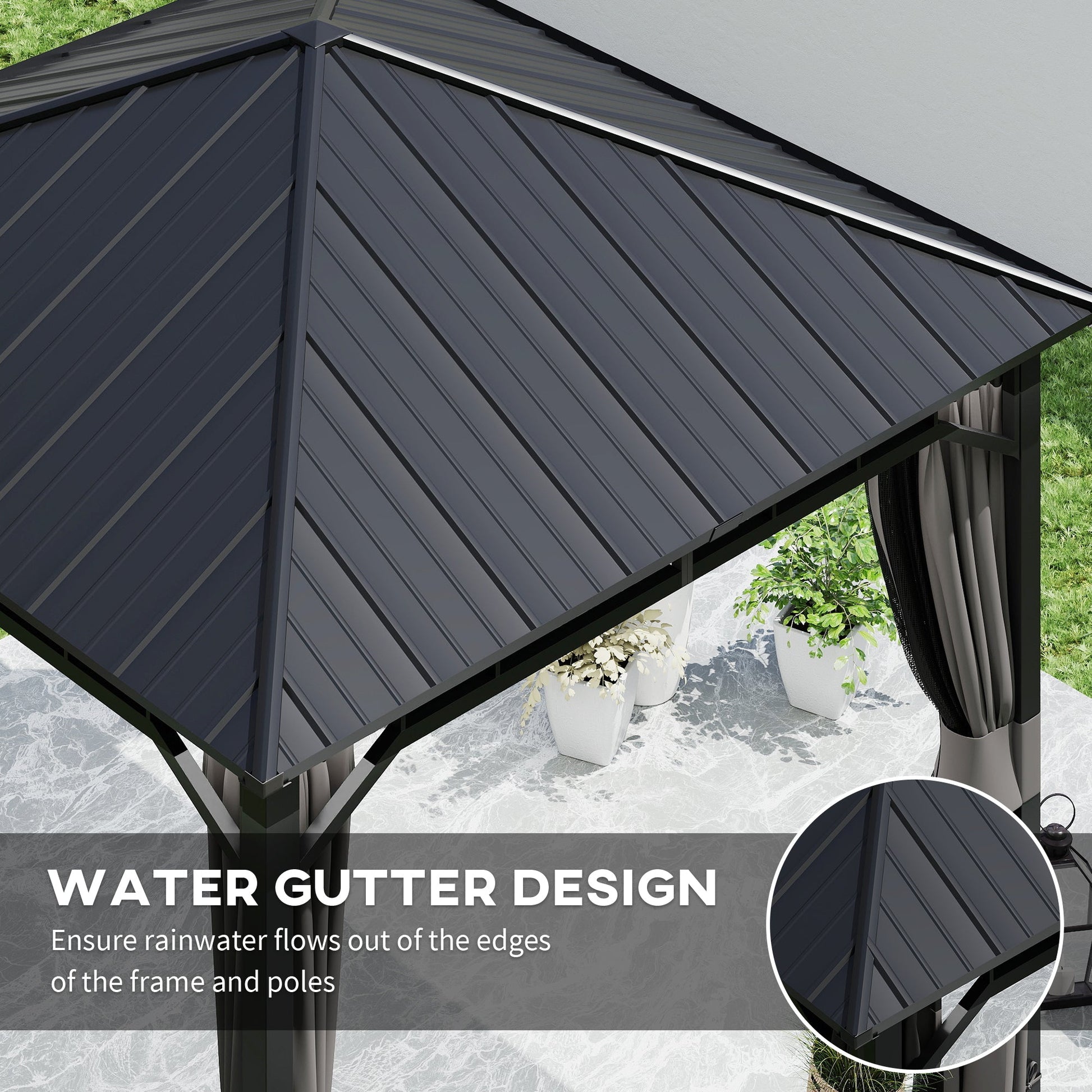 3 x 3(m) Hardtop Gazebo with Galvanised Steel Roof and Water Gutter, Waterproof Permanent Pavilion Garden Gazebo with Netting and Curtains for Patio, Deck