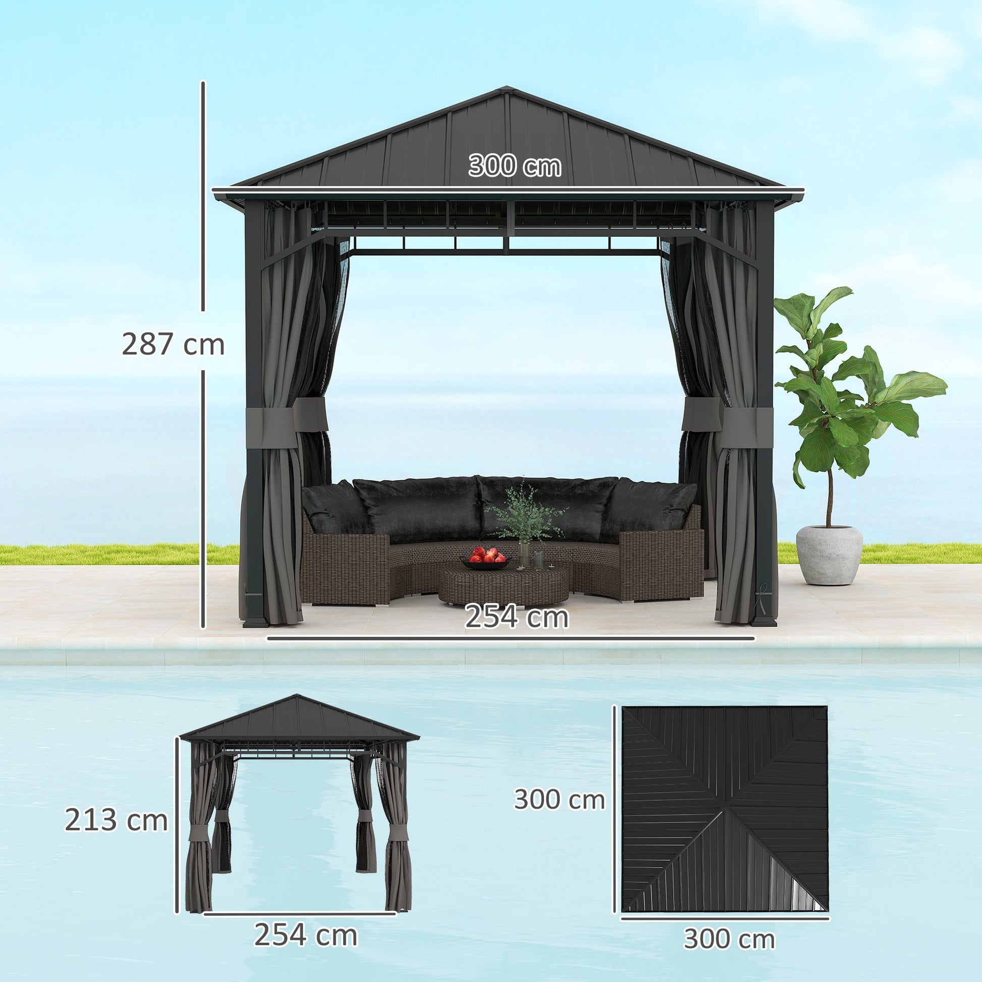3 x 3(m) Hardtop Gazebo with Galvanised Steel Roof and Water Gutter, Waterproof Permanent Pavilion Garden Gazebo with Netting and Curtains for Patio, Deck